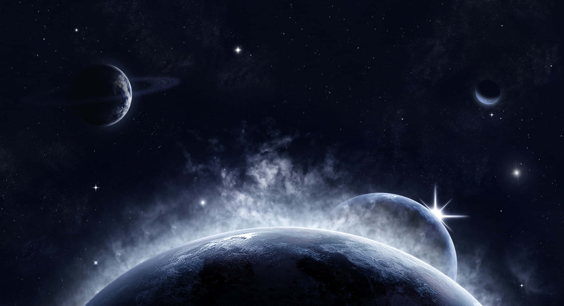 celestial bodies, glowing planet with rings, distant moons, Full HD Desktop Wallpaper