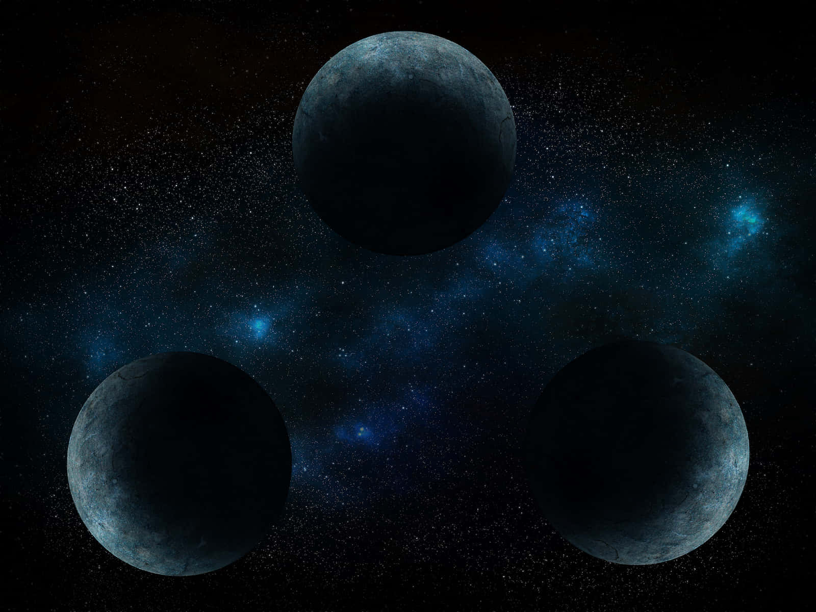 Celestial Bodies, cratered moons, starry blue nebula, HD Desktop Wallpaper