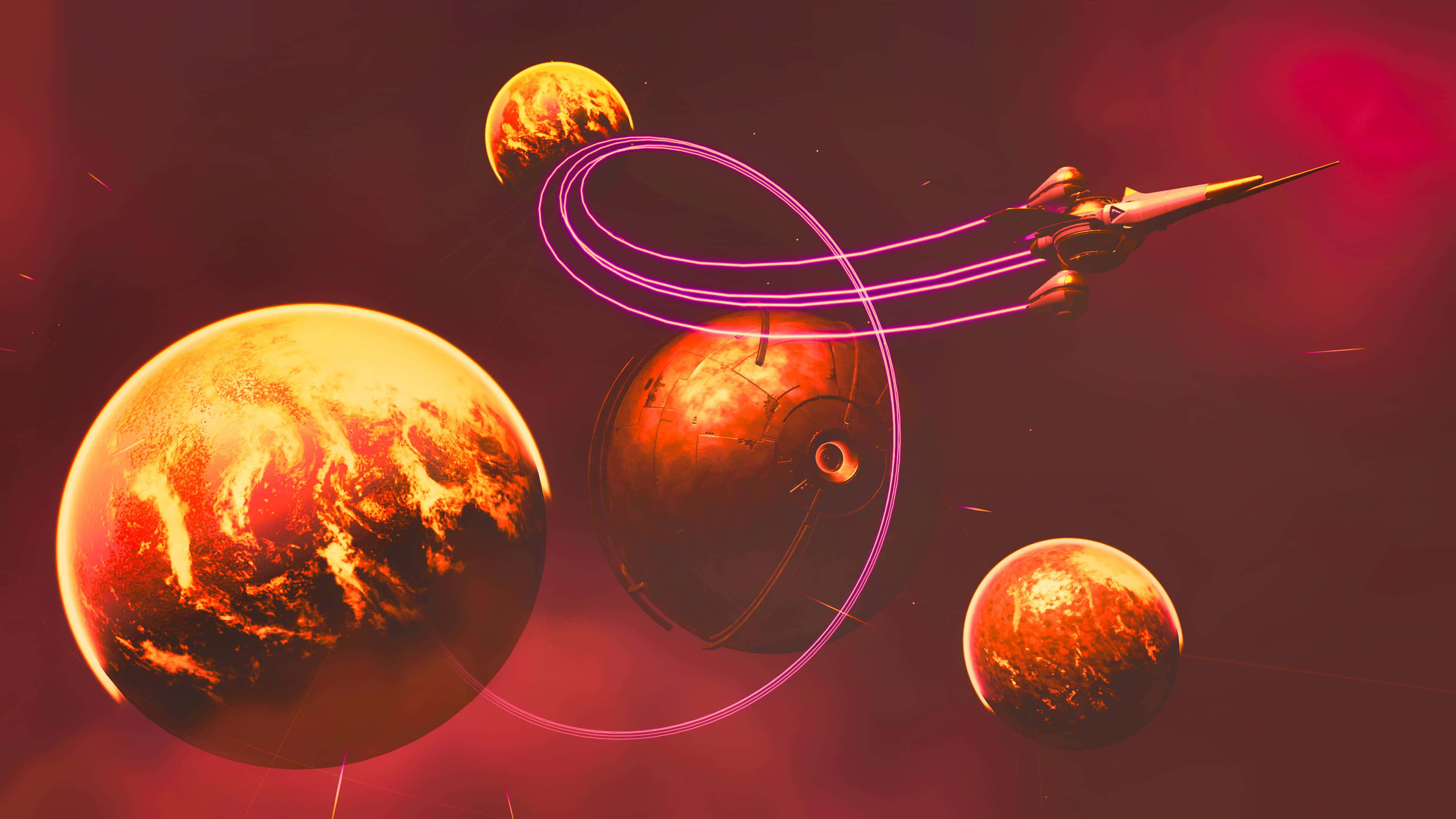 Celestial Bodies, glowing purple trails, fiery orange planets, 4K Desktop Wallpaper