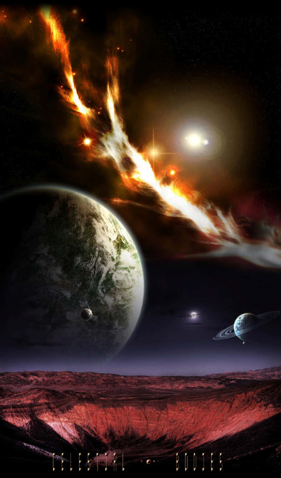 celestial bodies, fiery comet, lush green planet, HD Phone Wallpaper