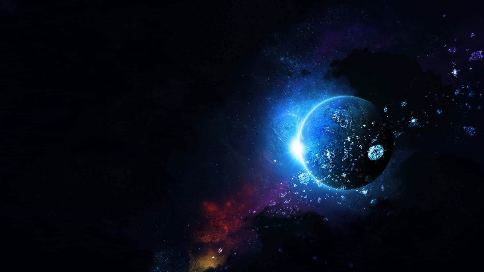 Celestial Bodies, glowing blue planet, bright crescent sunbeam, Full HD Desktop Wallpaper