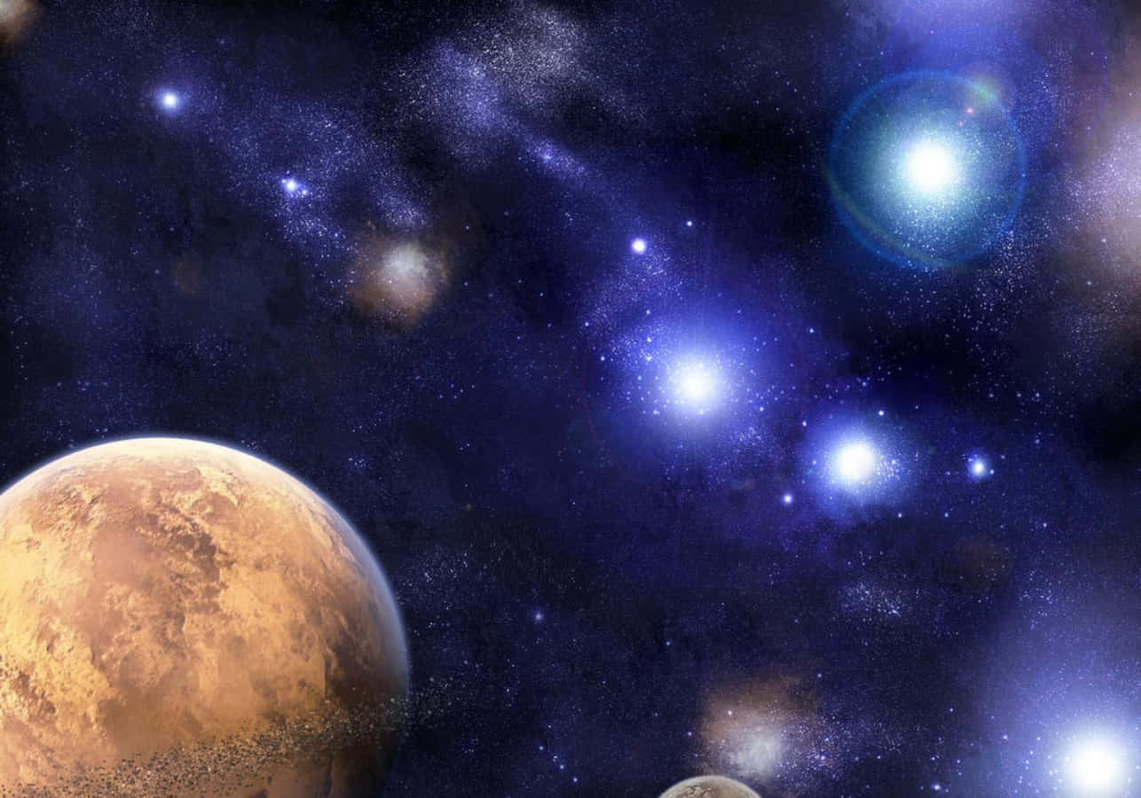celestial bodies, orange planet, starry cosmic expanse, HD Desktop Wallpaper