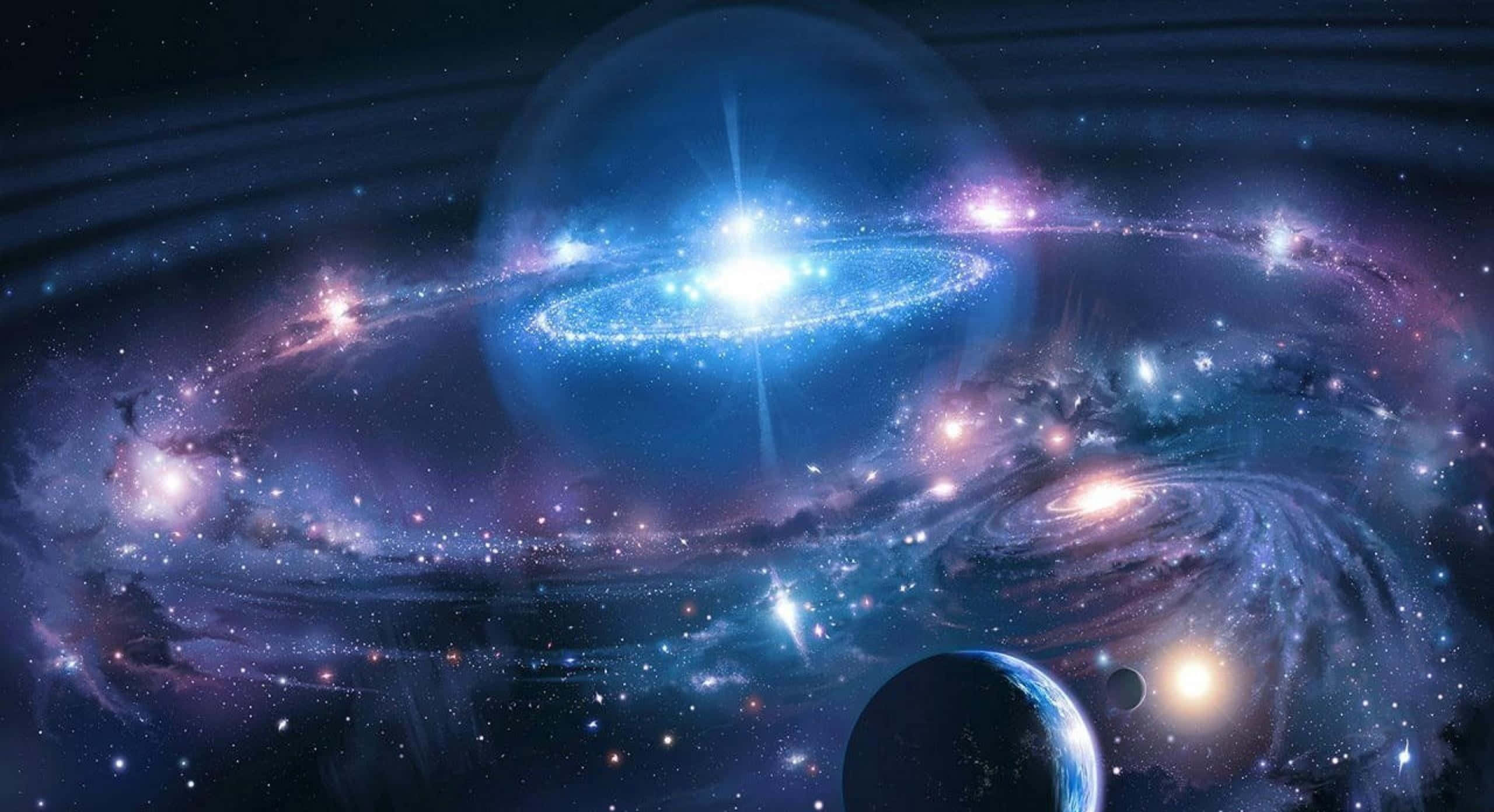 Celestial Bodies, galaxies, blue nebulae, 2K Desktop Wallpaper