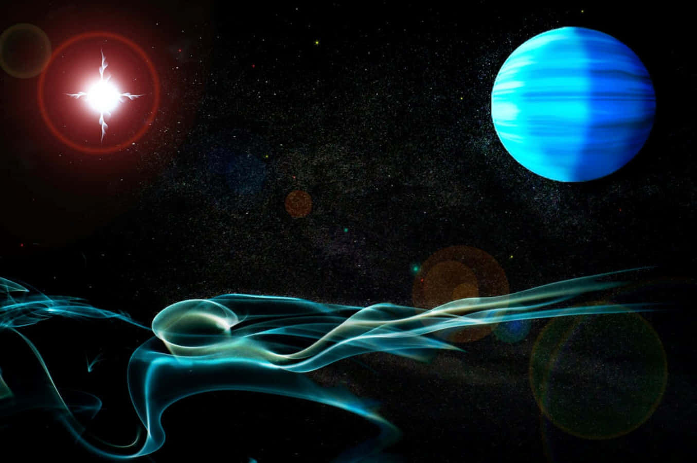Celestial Bodies, glowing blue planet, radiant red star, HD Desktop Wallpaper