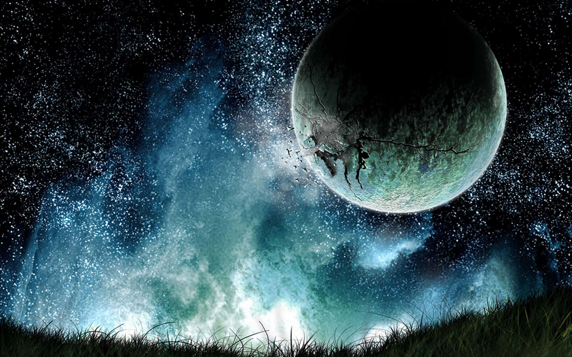 Mystical Galactic Viewpoint, cracked teal planet, grassy hill, Full HD Desktop Wallpaper