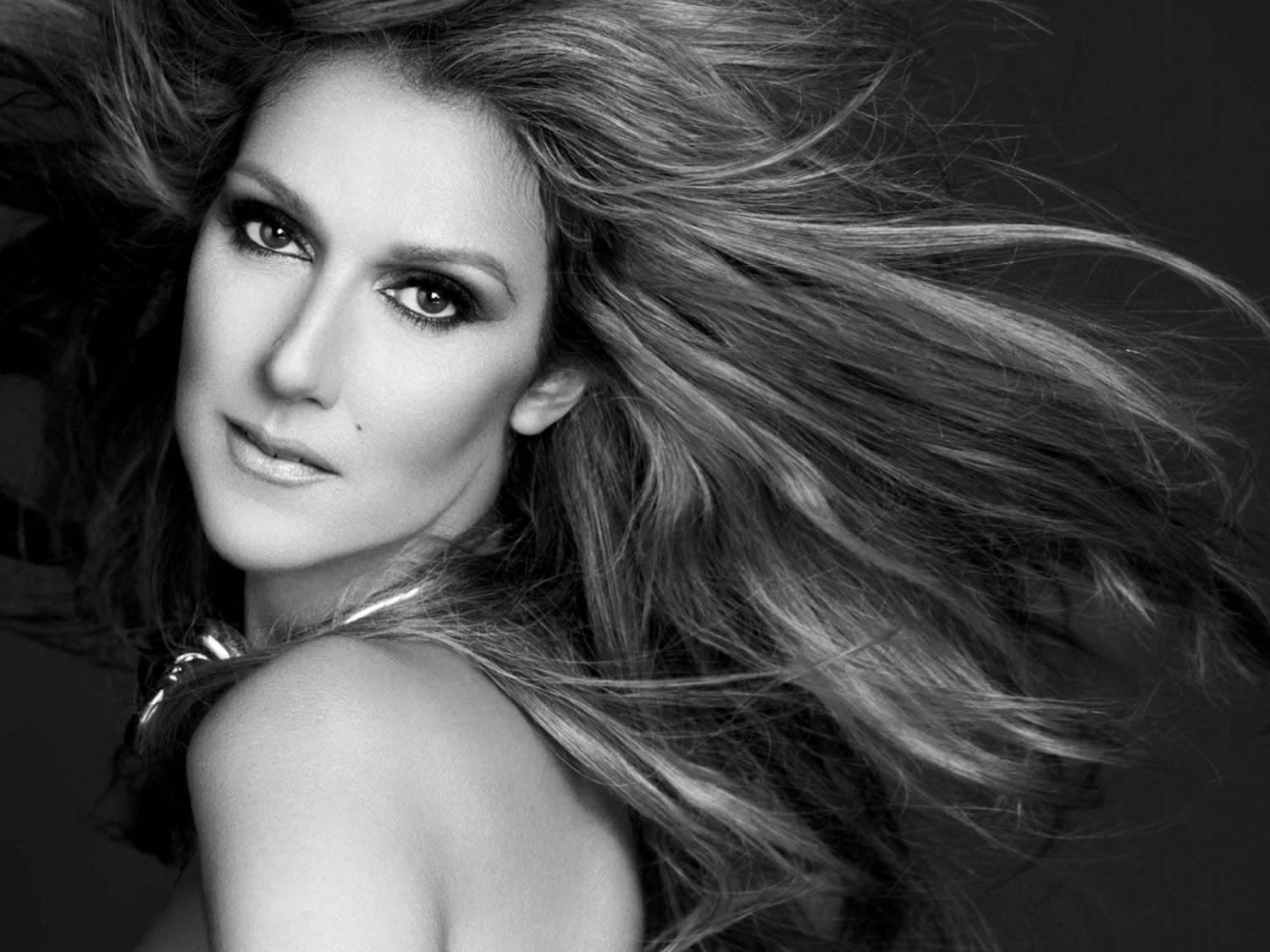 Celine Dion, windblown hair, black and white portrait, HD Desktop Wallpaper