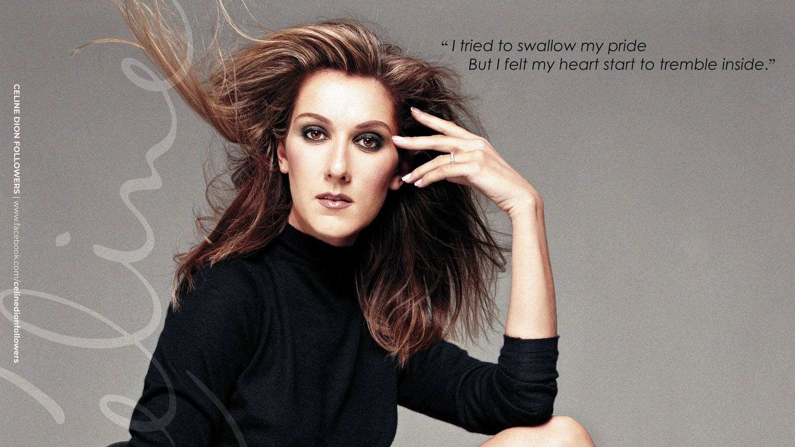 Celine Dion, black turtleneck, gray background, HD Desktop Wallpaper