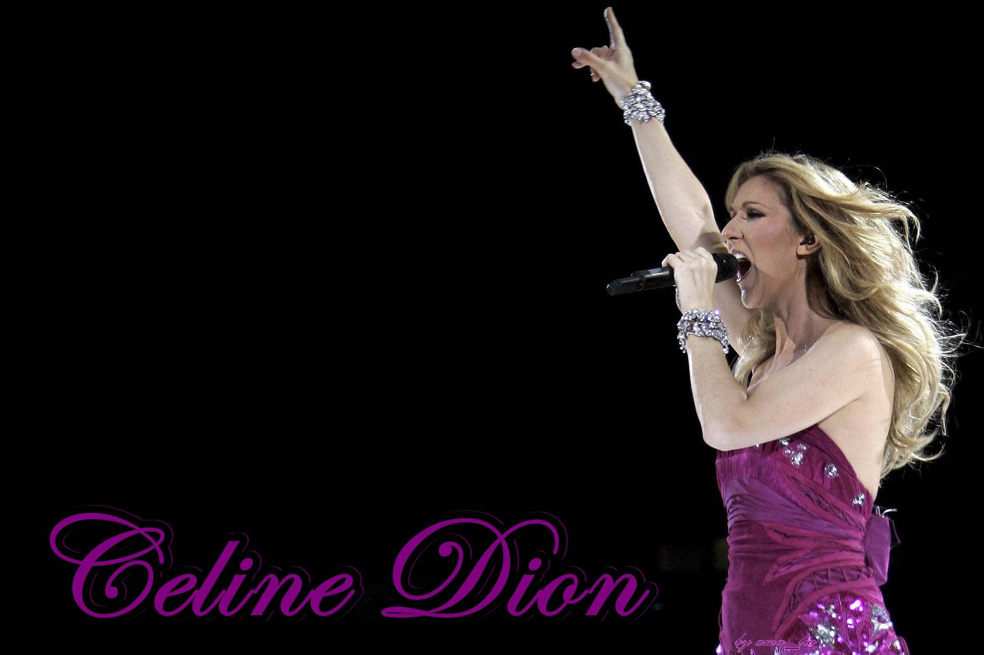 Celine Dion, sparkling magenta gown, black stage backdrop, Full HD Desktop Wallpaper