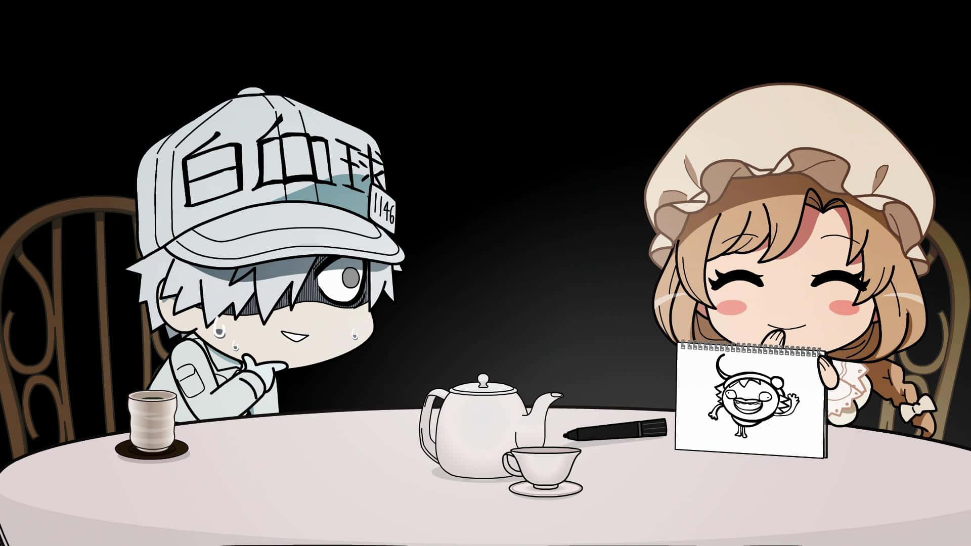 Cells At Work, chibi anime characters, tea set, Full HD Desktop Wallpaper