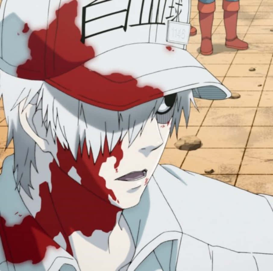 Cells At Work U-1146, white-haired anime character, bloodied face, SD Desktop Wallpaper