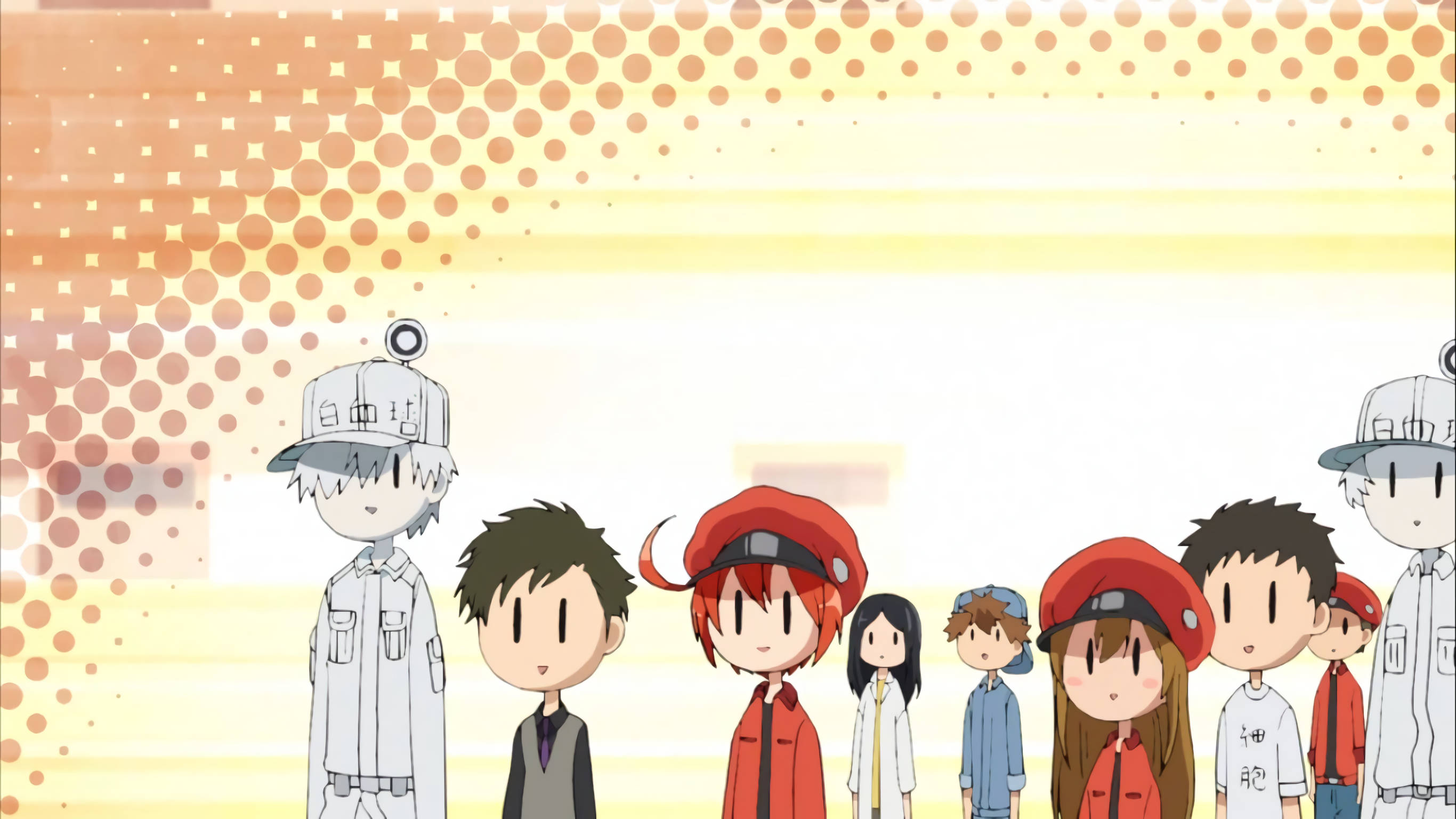 Cells At Work, chibi anime characters, red and white uniforms, 2K Desktop Wallpaper