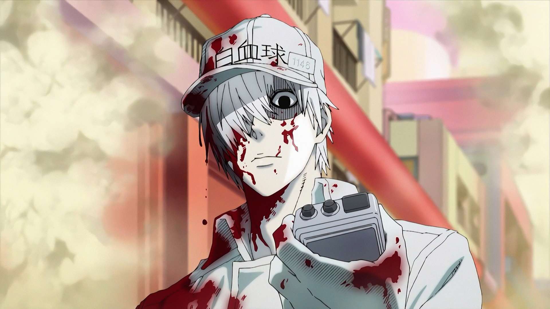 Cells At Work!, blood-splattered anime boy, white cap, Full HD Desktop Wallpaper