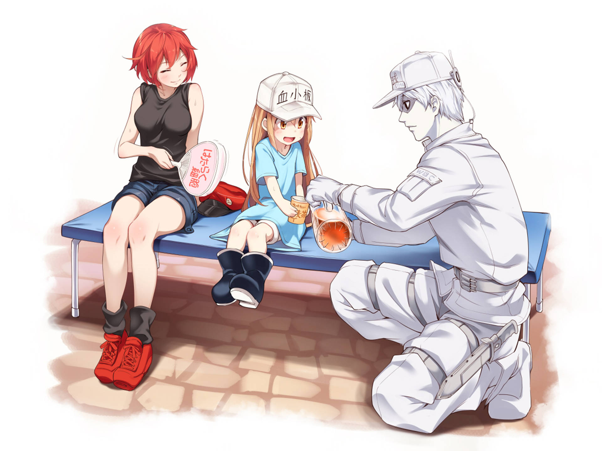 Cells At Work, blue bench, white uniform, Full HD Desktop Wallpaper