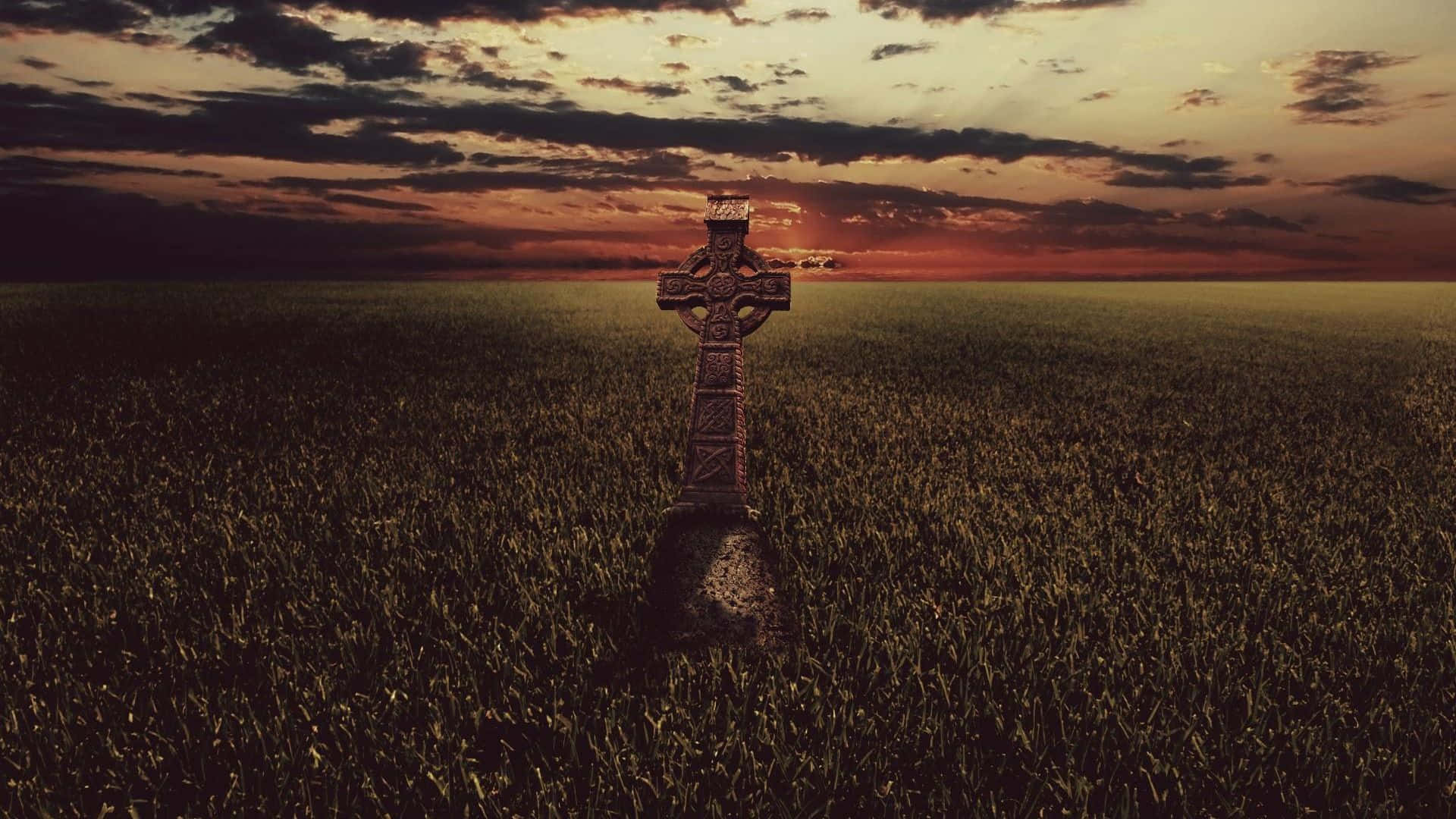 Celtic Cross, sunset, vast field of tall grass, Full HD Desktop Wallpaper
