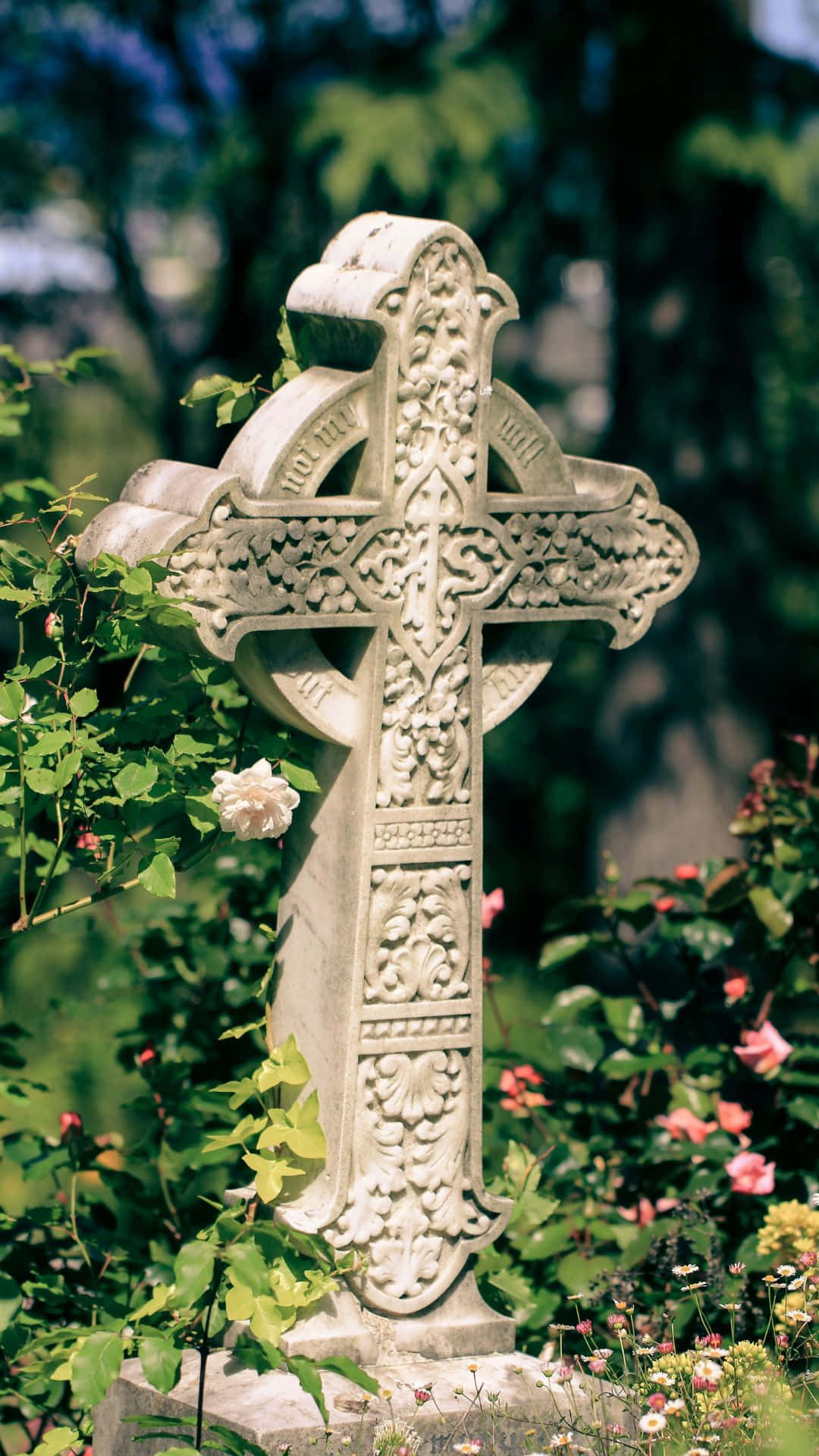 Celtic cross, stone, sunlit garden, Full HD Phone Wallpaper