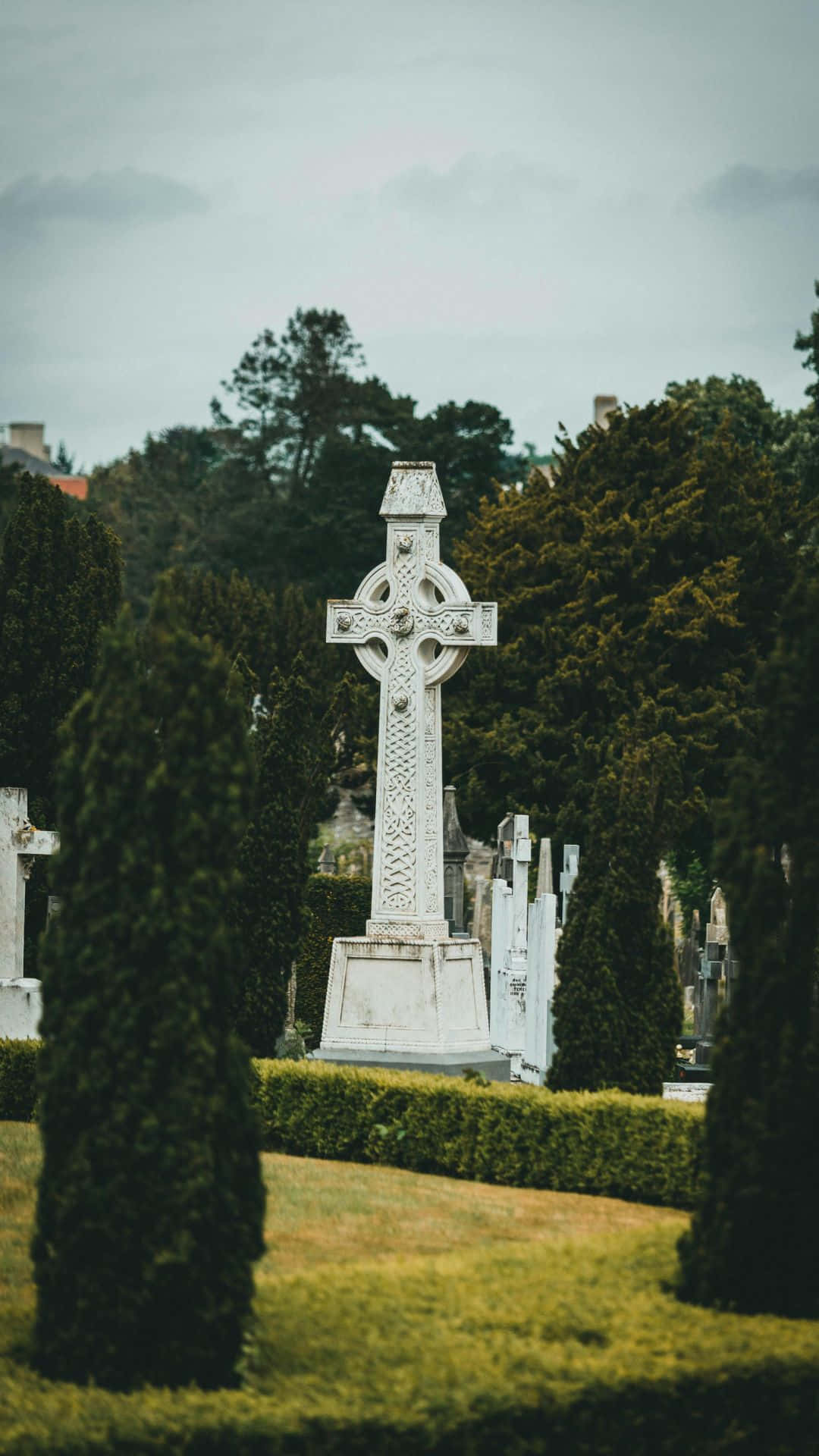 Celtic Cross, cemetery, dark green trees, Full HD Phone Wallpaper
