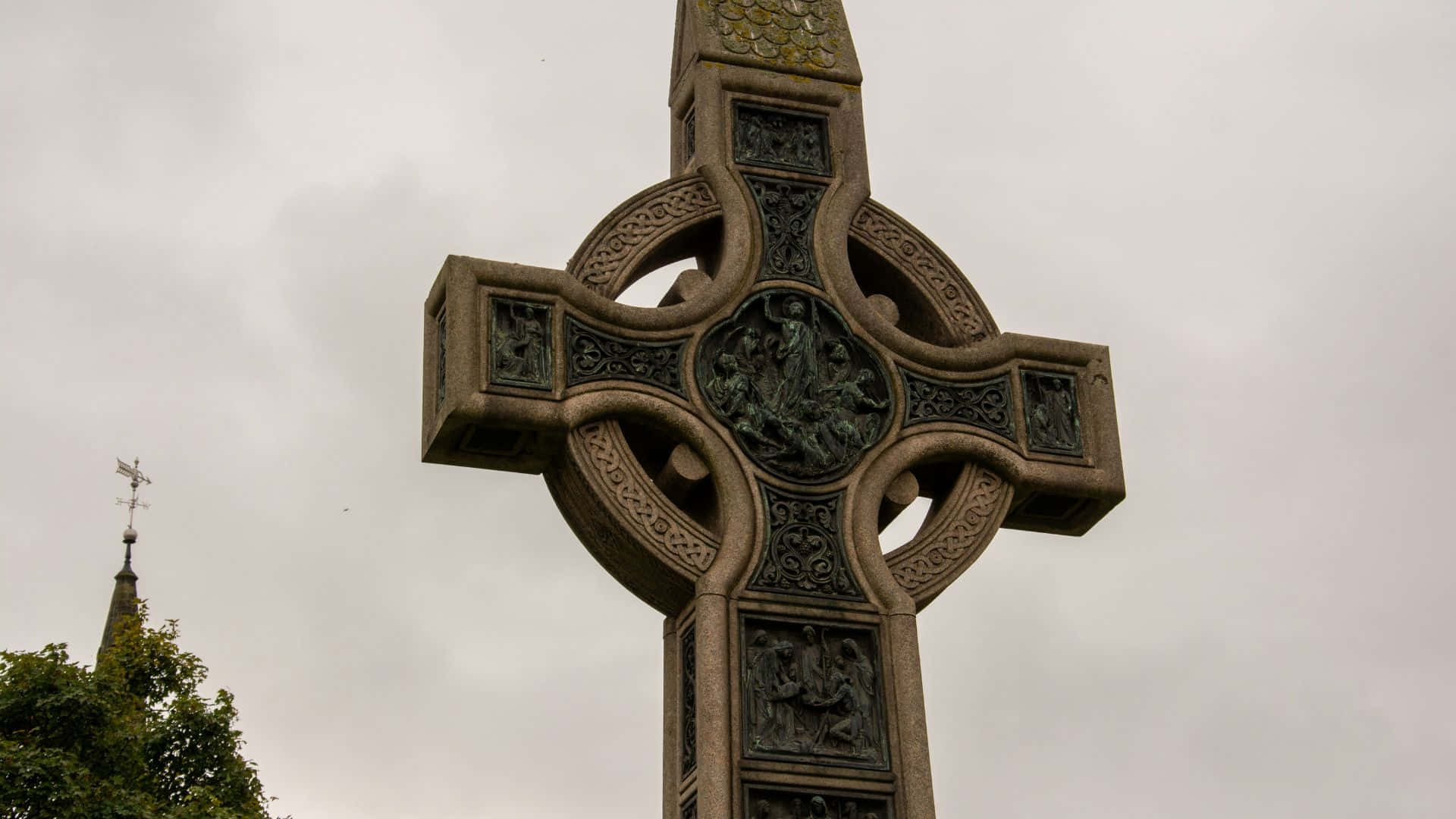 Celtic cross, cloudy sky, church spire, Full HD Desktop Wallpaper
