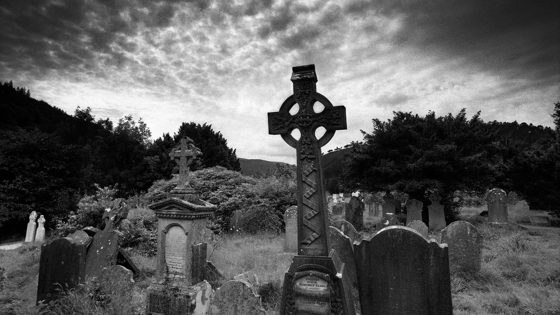 Celtic Cross, graveyard, black and white, Full HD Desktop Wallpaper