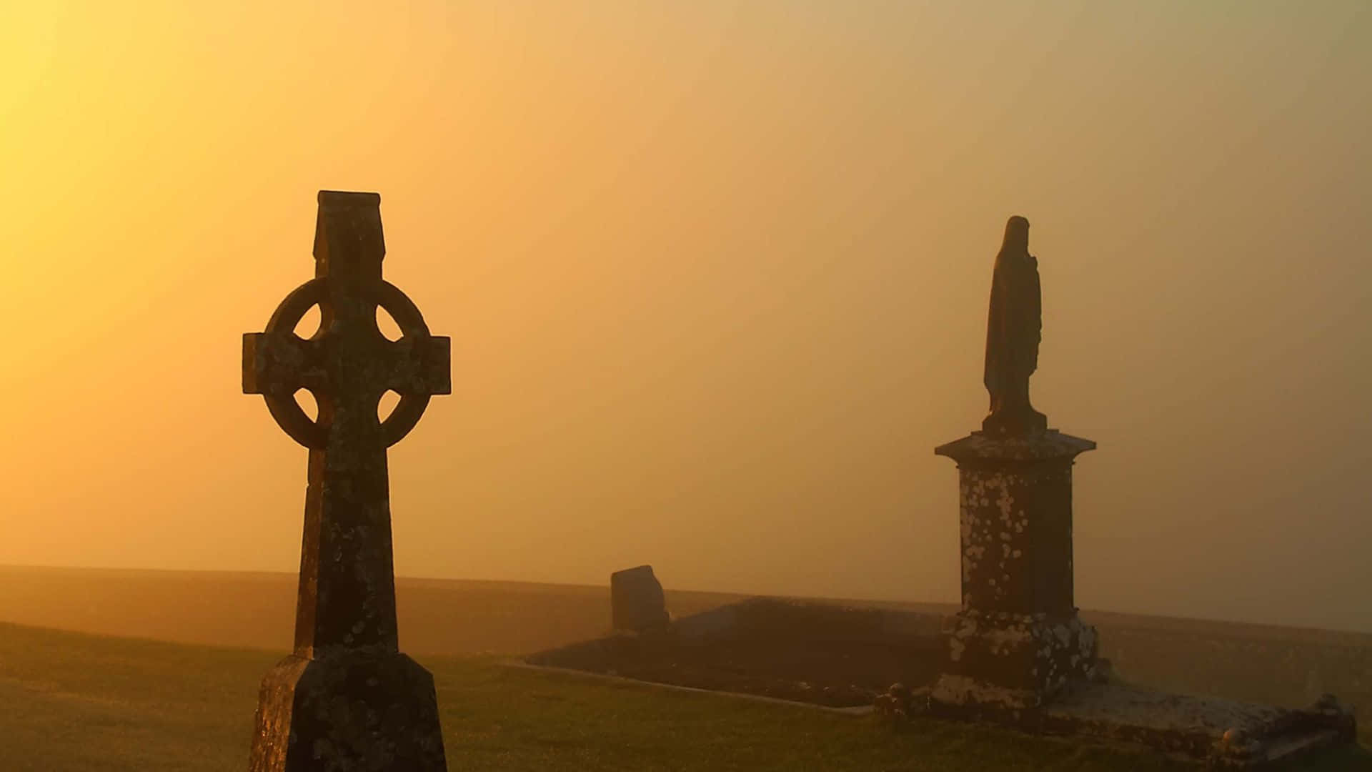 Celtic Cross, sunrise, misty field, Full HD Desktop Wallpaper
