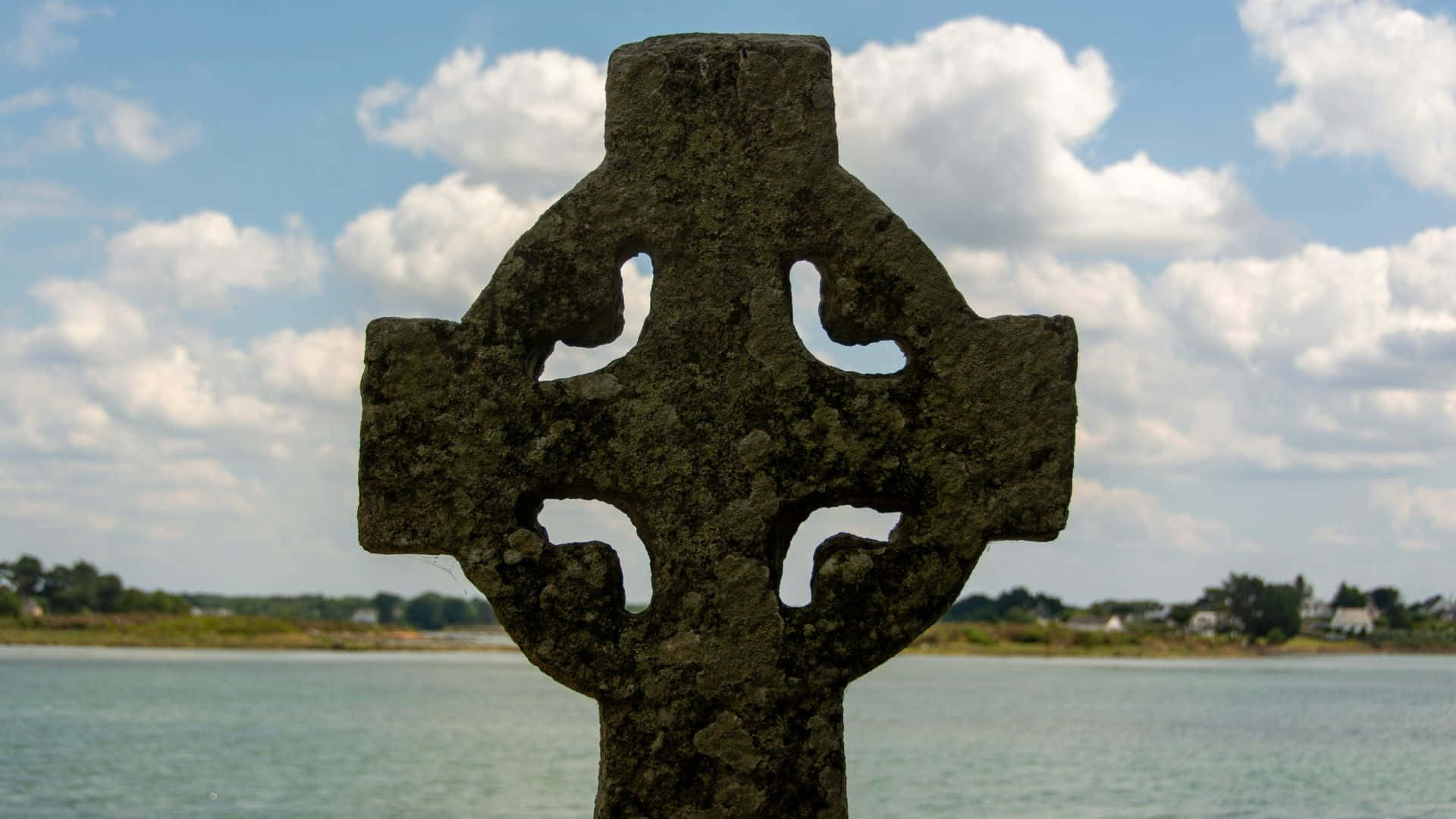 Ancient Celtic Cross Design, weathered stone Celtic cross, calm water, Full HD Desktop Wallpaper