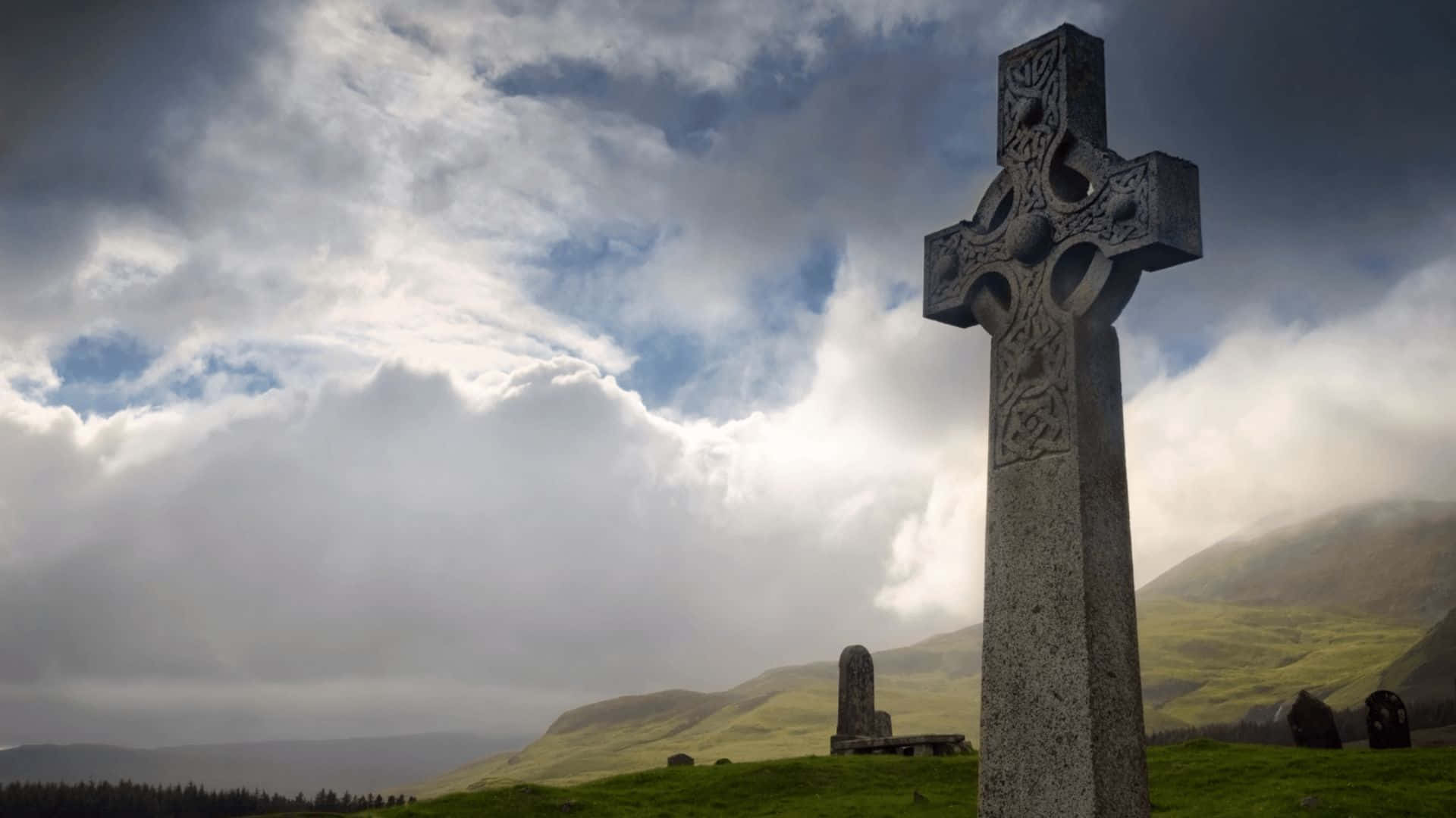 Celtic Cross, grassy hill, dramatic cloudy sky, Full HD Desktop Wallpaper