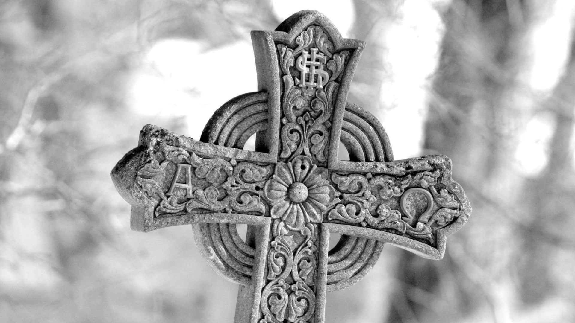Celtic Cross, stone carving, black and white, Full HD Desktop Wallpaper