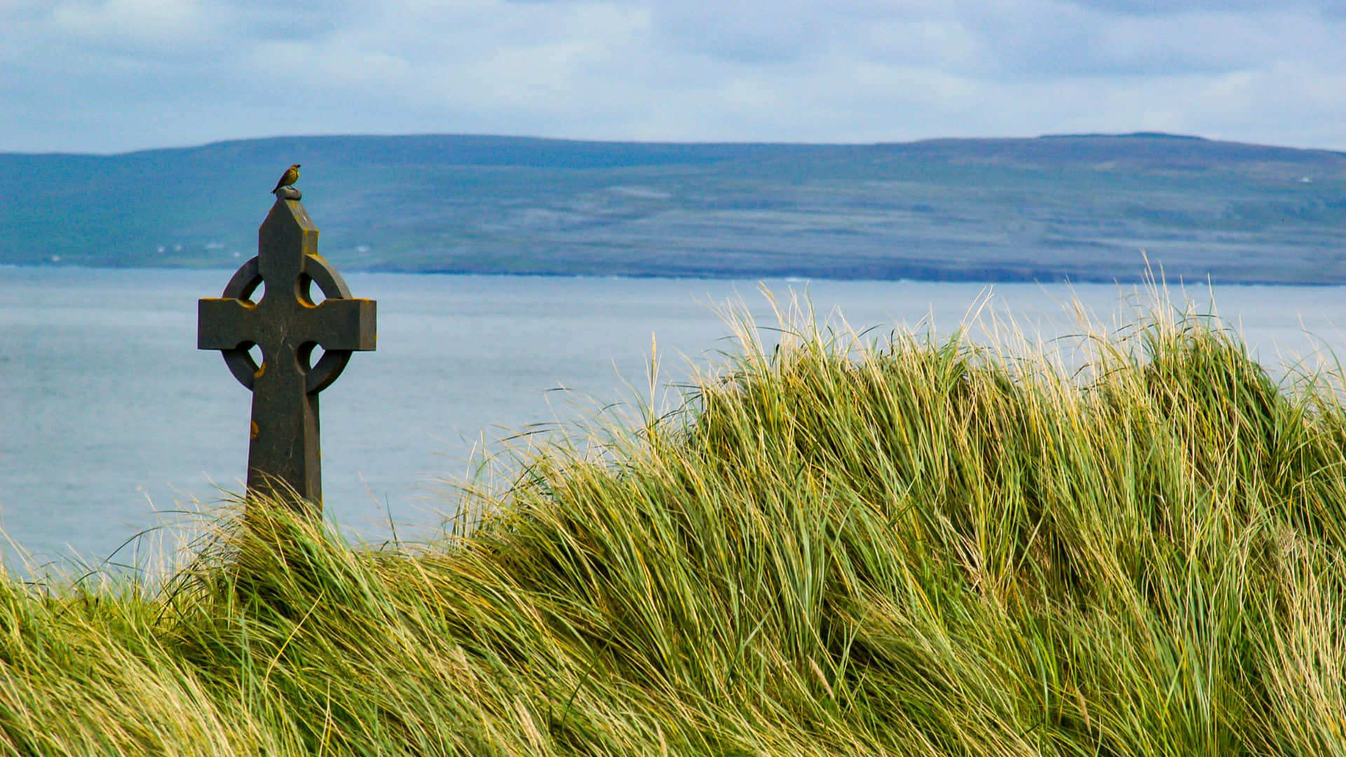 Celtic Cross, golden grasses, calm sea, Full HD Desktop Wallpaper