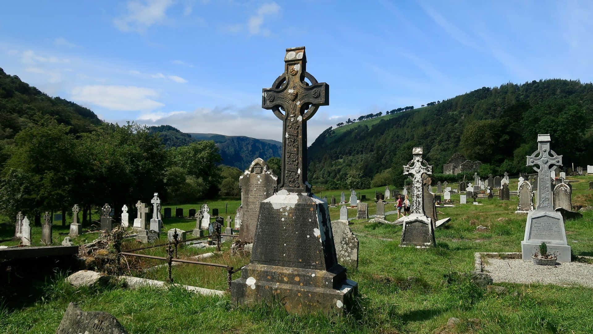 Celtic Cross, historic cemetery, lush green grass, Full HD Desktop Wallpaper