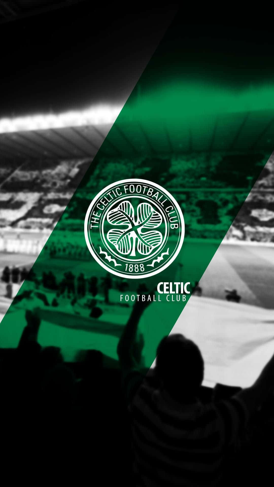 Celtic FC, green diagonal split, black and white stadium crowd scene, Full HD Phone Wallpaper