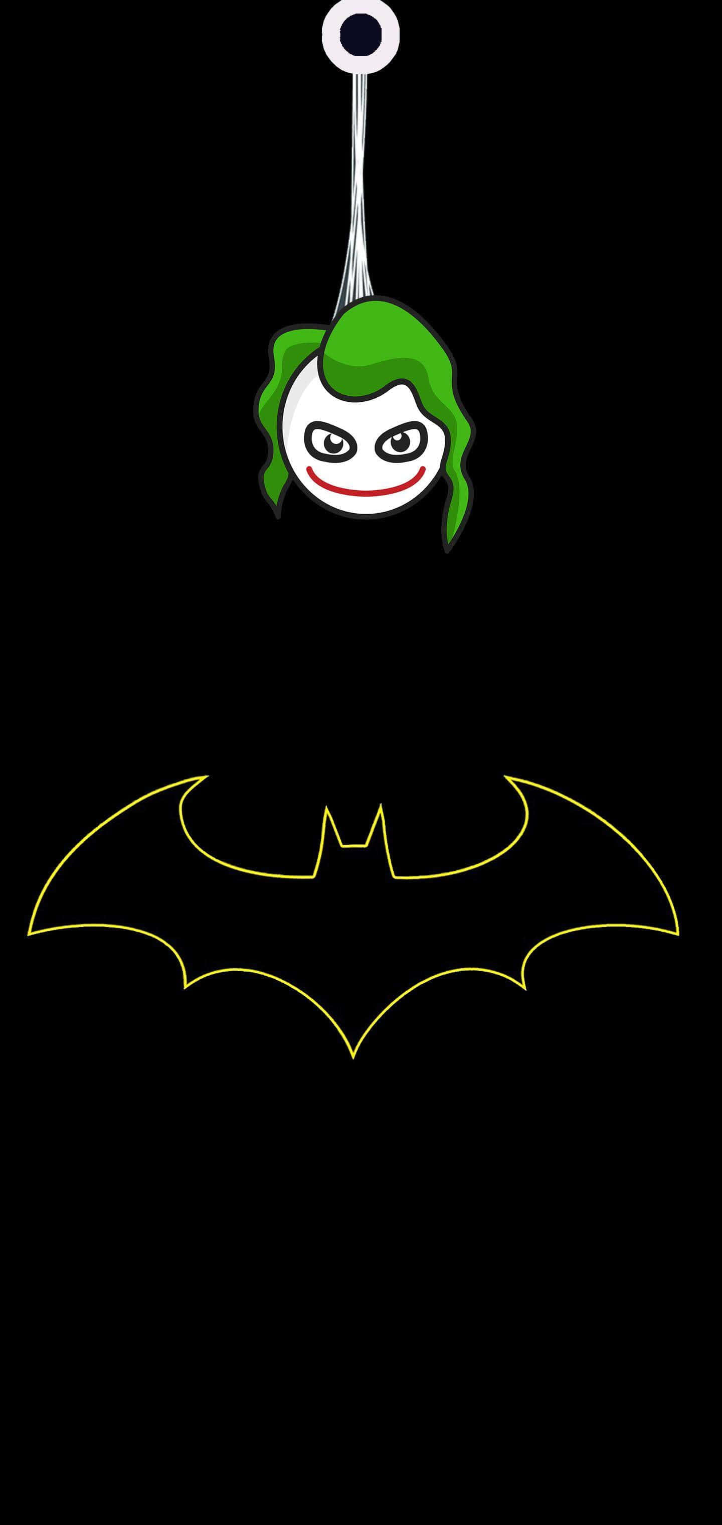 Center Punch Hole, cartoon joker head, glowing yellow bat symbol, 2K Phone Wallpaper