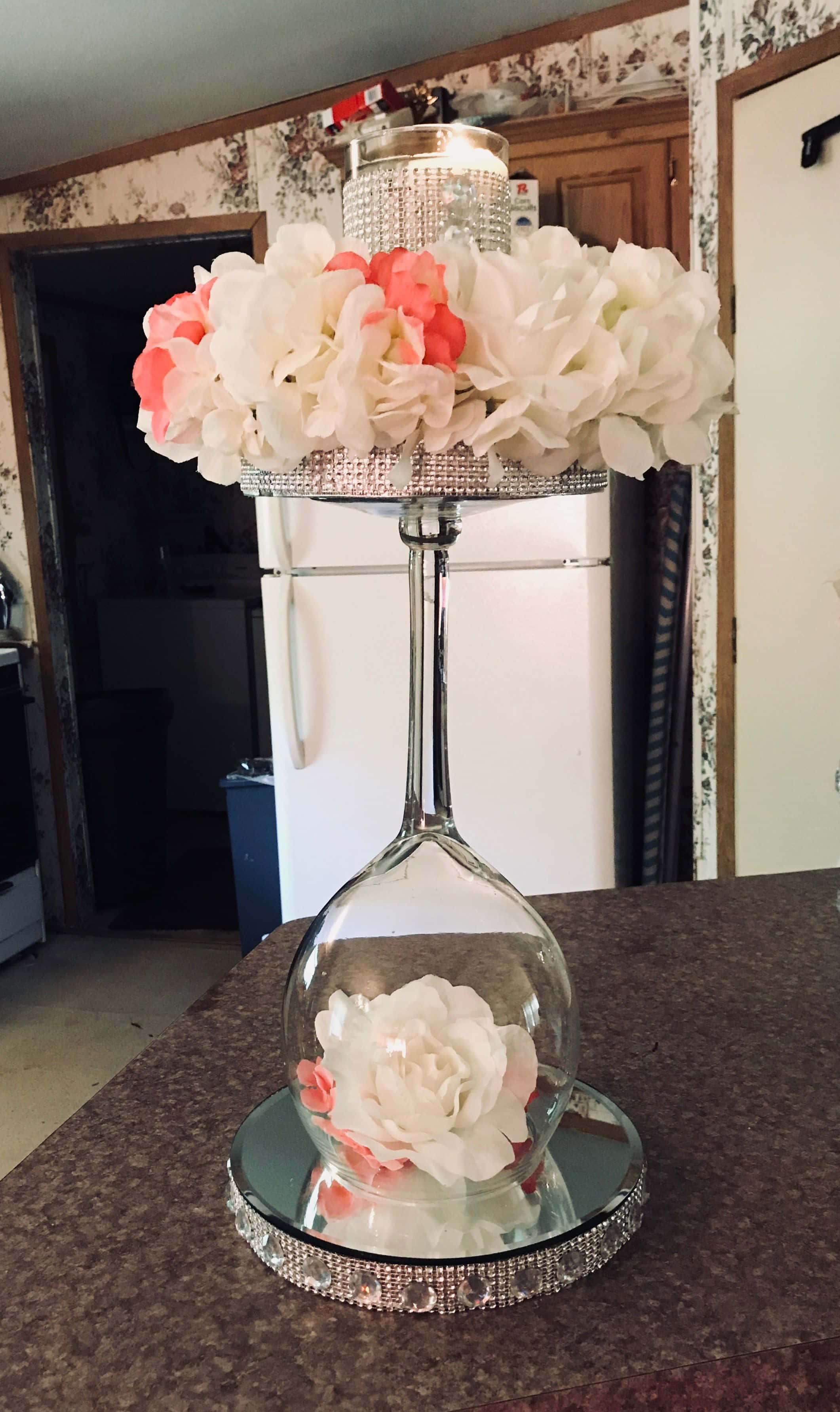 centerpiece, wine glass centerpiece, white and coral flowers, 2K Phone Wallpaper
