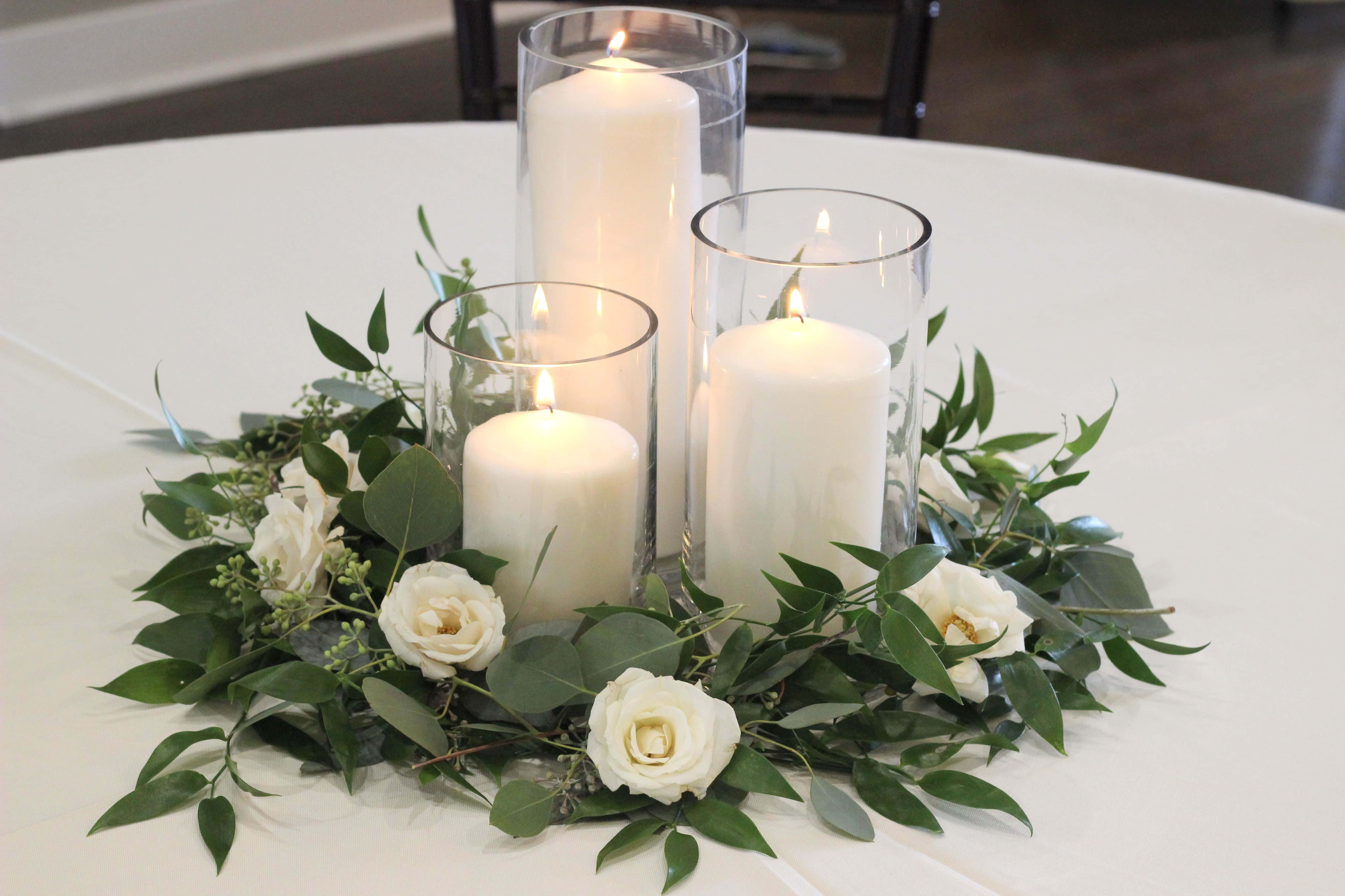 Colorful Floral Centerpiece, white candles, glass holders, 5K Desktop Wallpaper