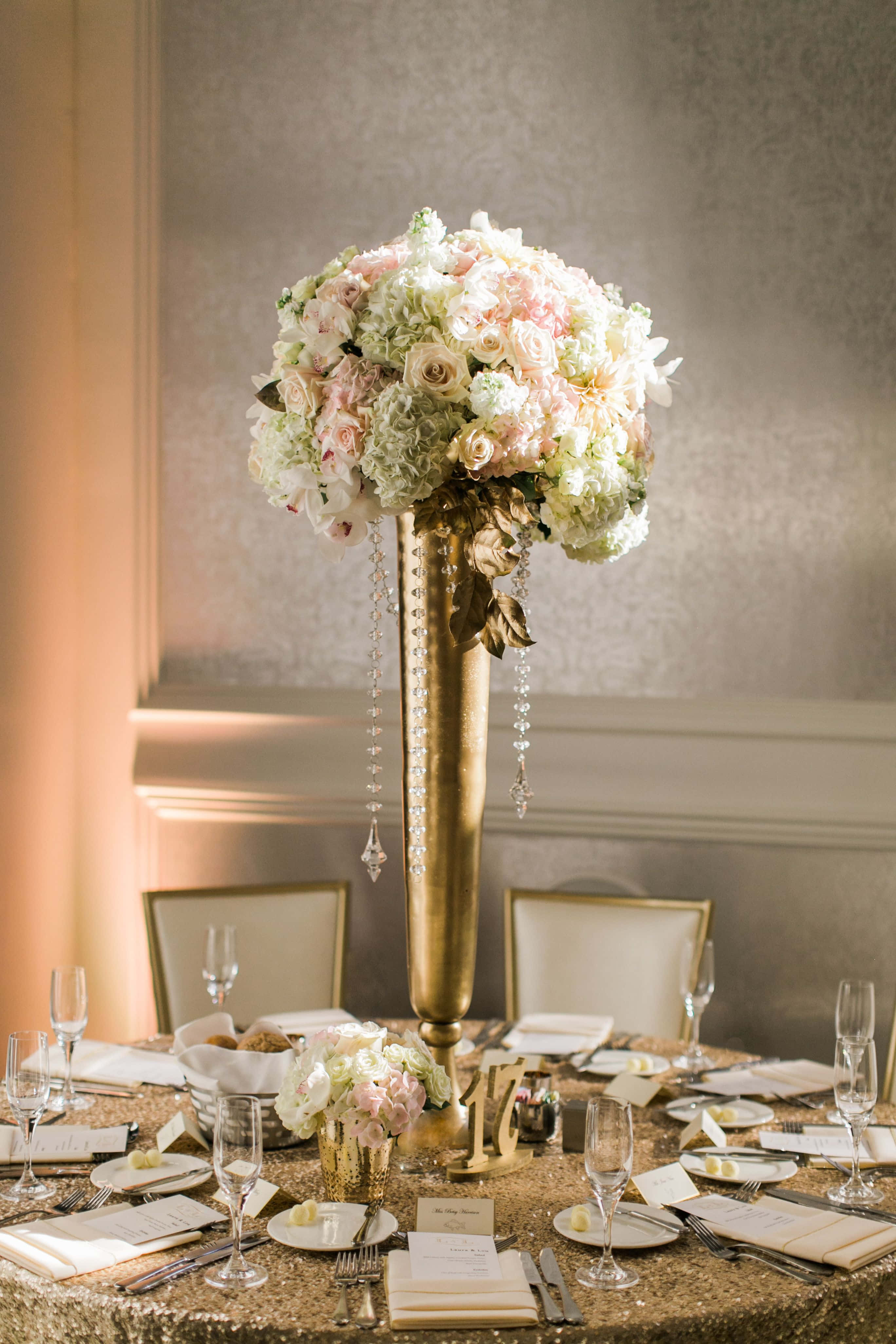 gold vase, blush pink and white flowers, glittering gold table, 4K Phone Wallpaper
