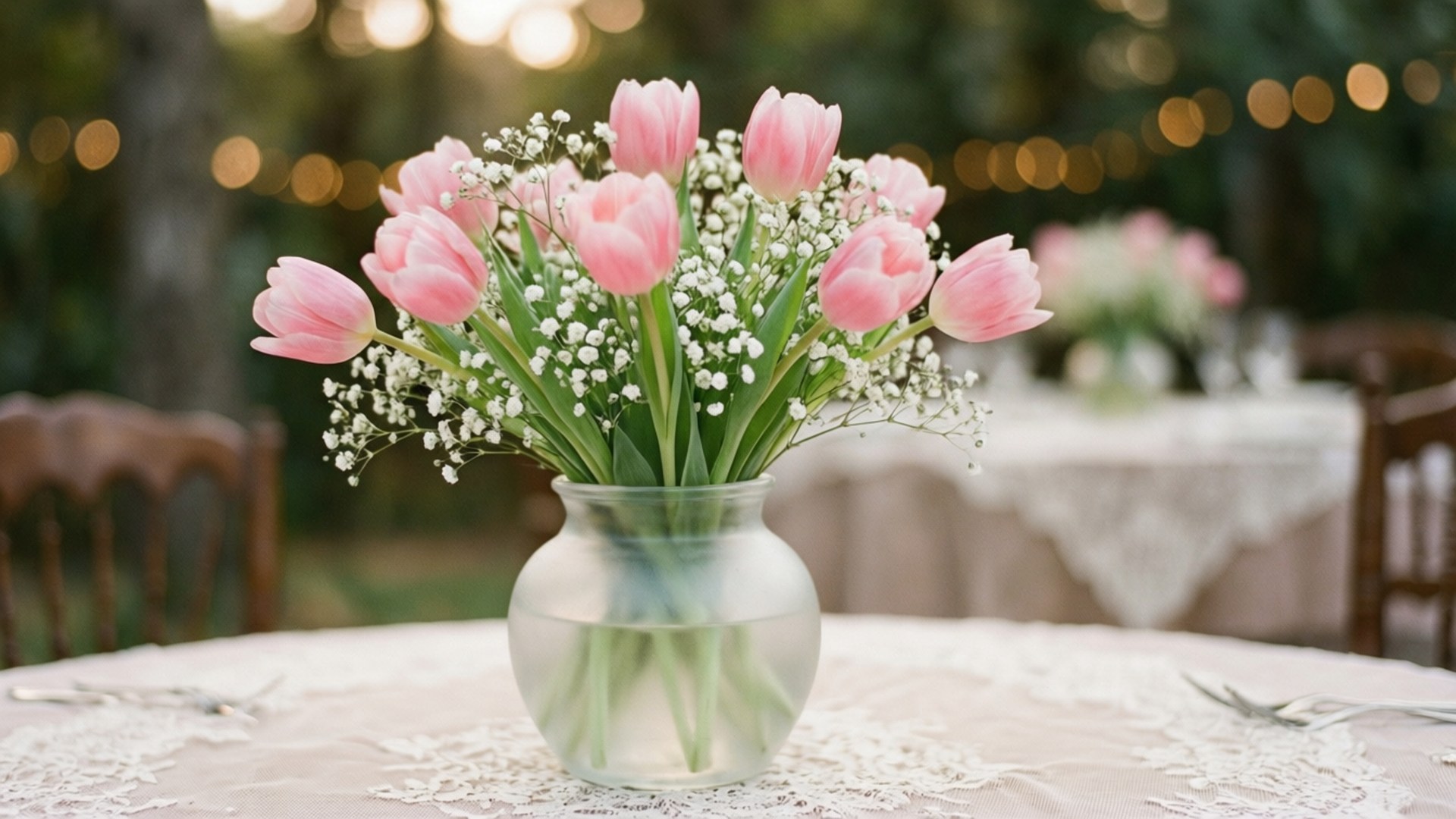 Dreamy Tulip Romance, pink tulip, baby's breath, Full HD Desktop Wallpaper