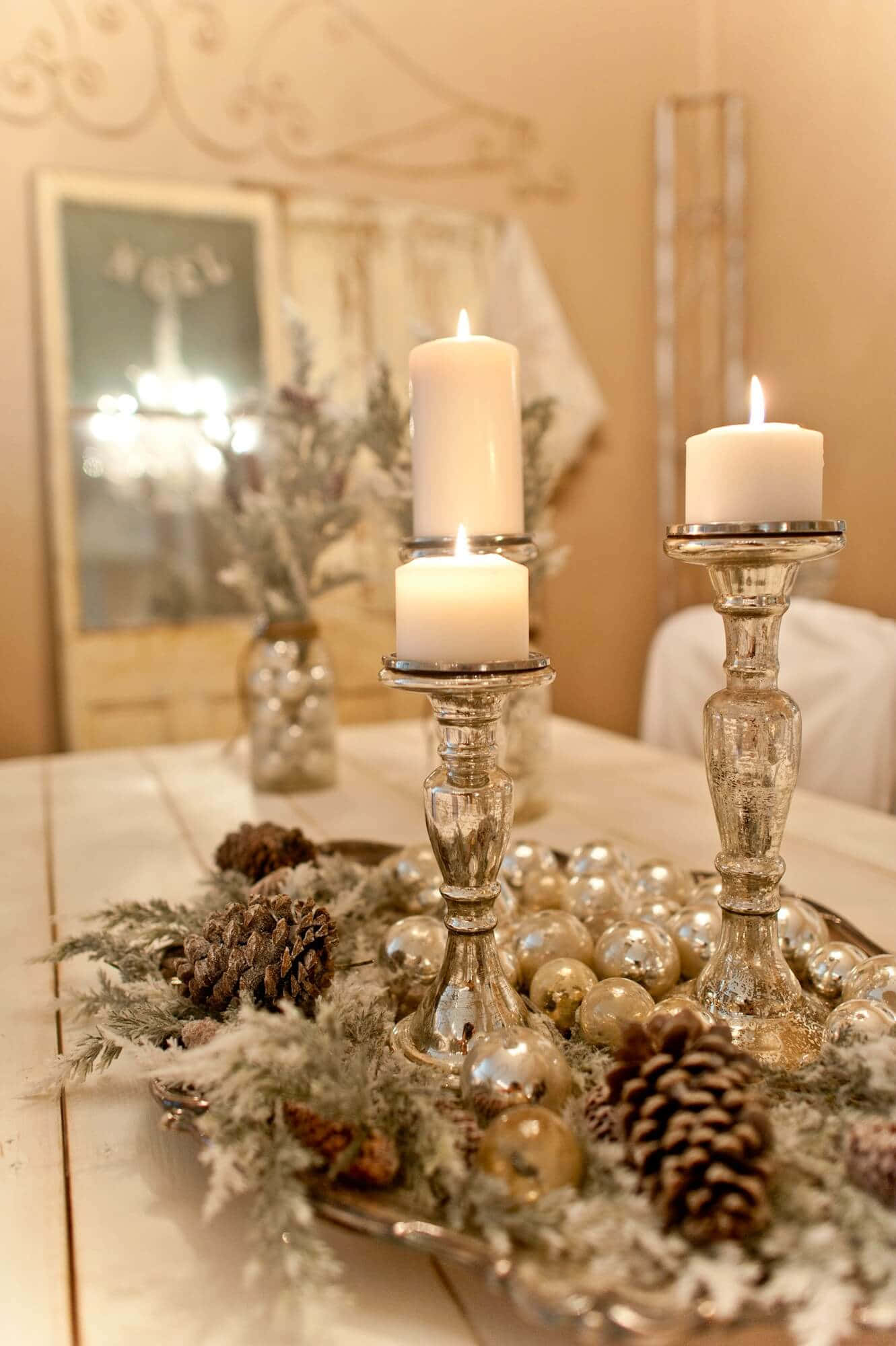 centerpiece, candles, pinecones, Full HD Phone Wallpaper