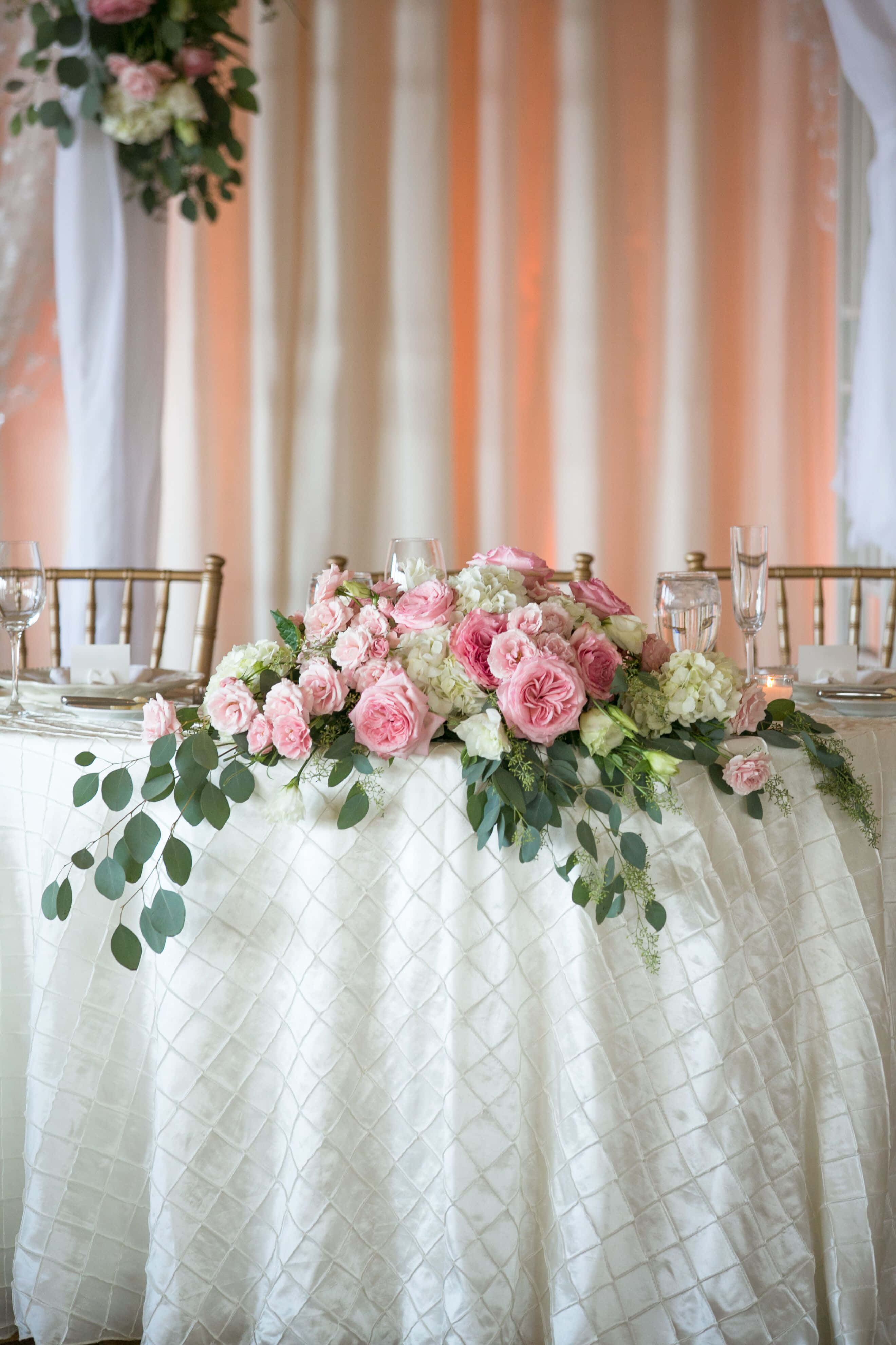 centerpiece, pink roses, eucalyptus, 4K Phone Wallpaper