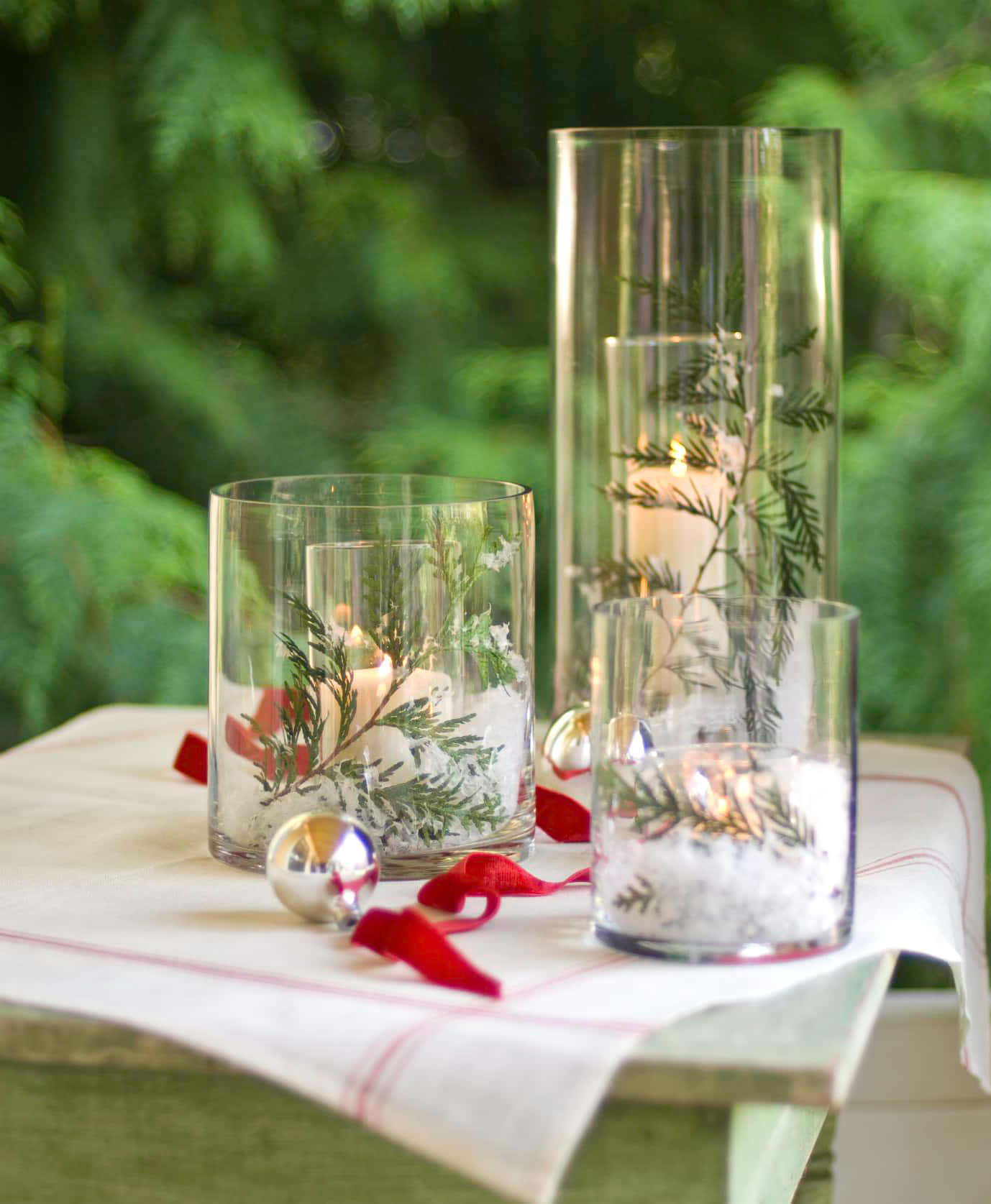 centerpiece, glass candle holders, evergreen branches, HD Phone Wallpaper