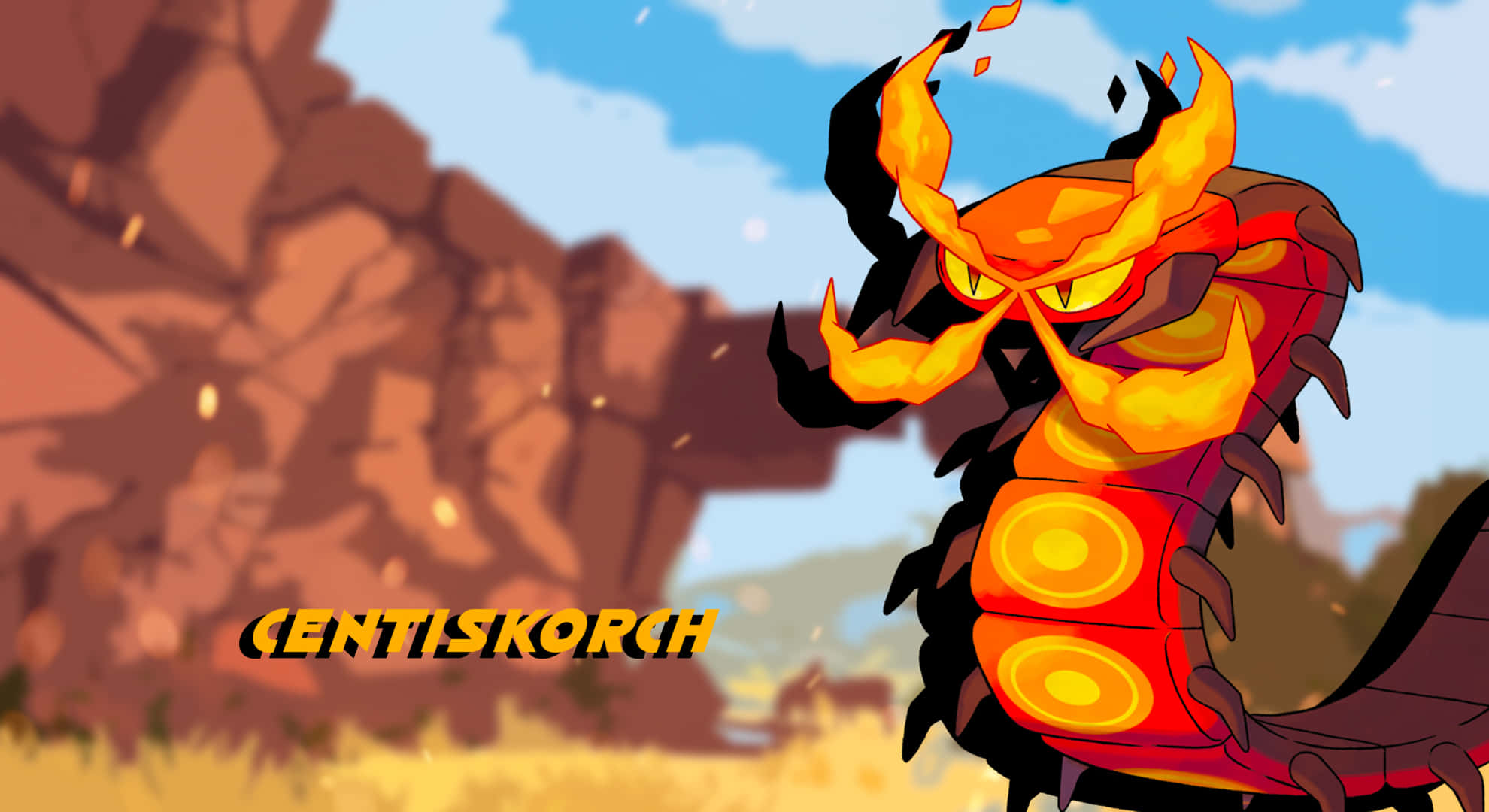 Centiskorch, fiery orange and red, glowing eyes, Full HD Desktop Wallpaper