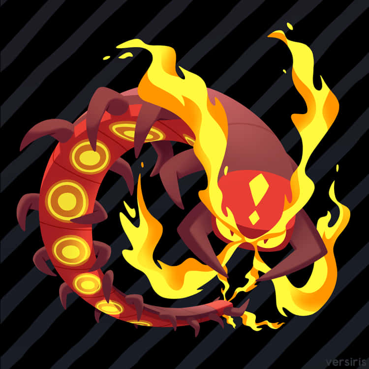Centiskorch, fiery red dragon-like creature, glowing yellow circles, SD Desktop Wallpaper