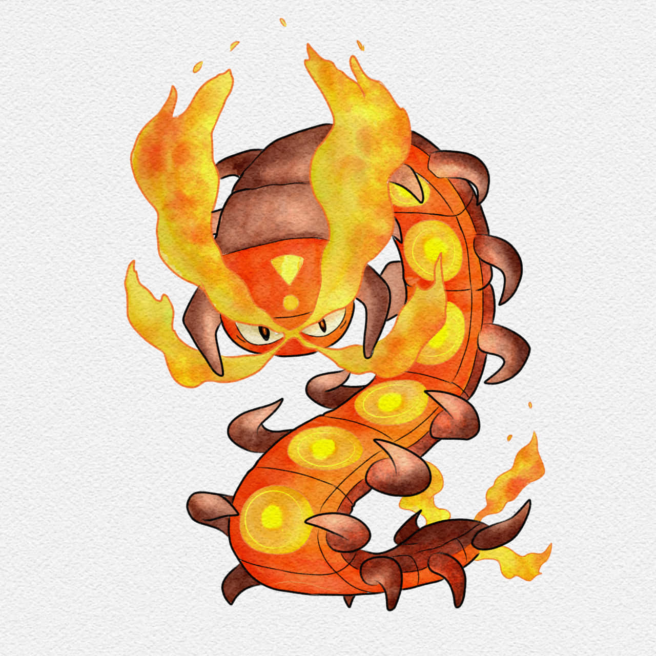 Centiskorch, fiery watercolor illustration, glowing orange segments, HD Desktop Wallpaper