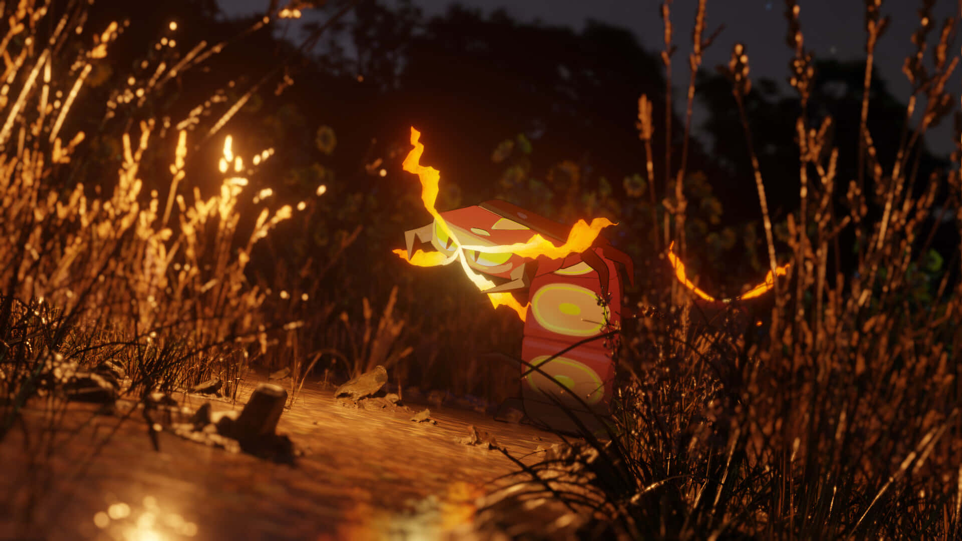 Centiskorch, fiery wings, tall grass, Full HD Desktop Wallpaper