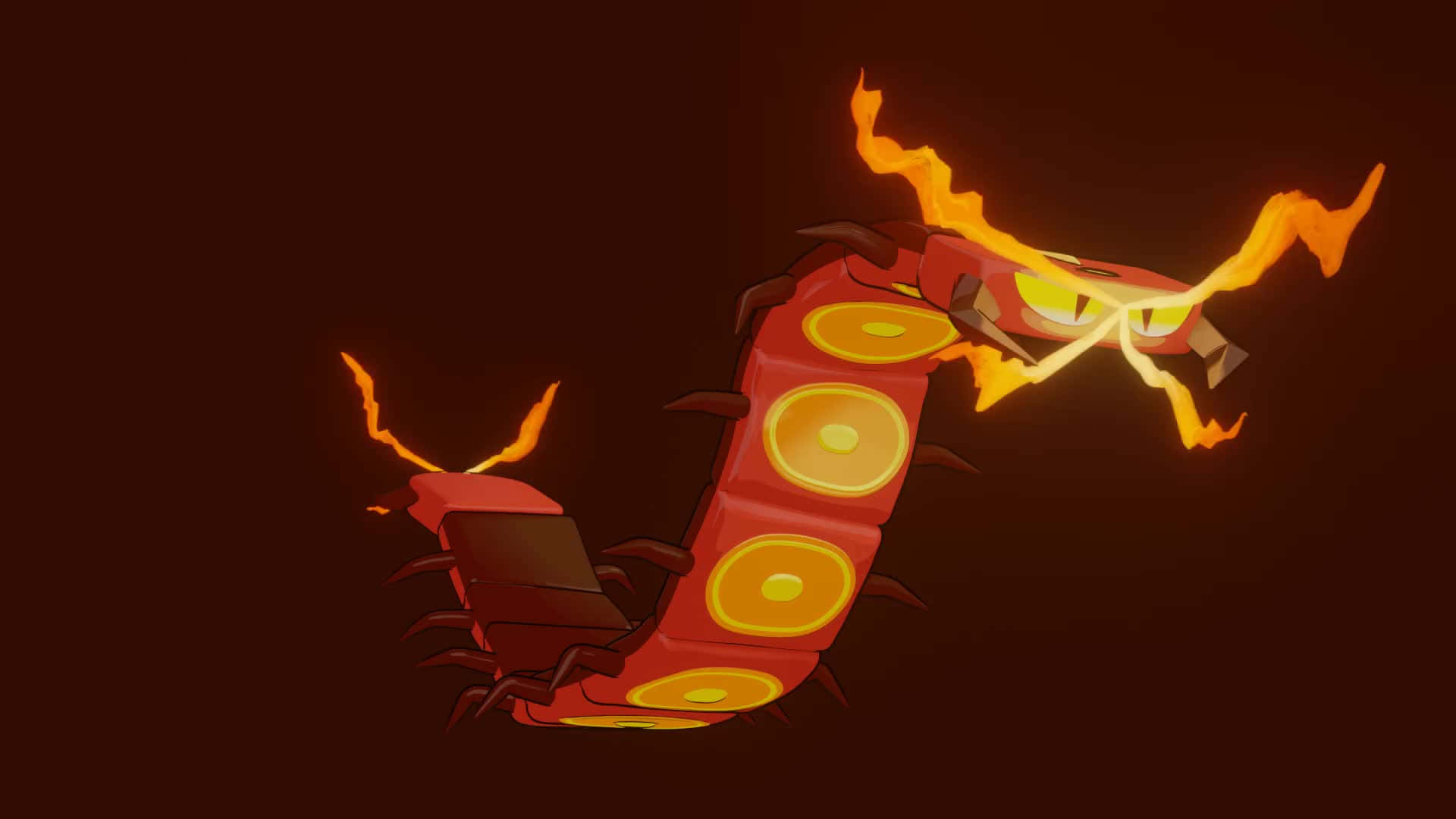 Centiskorch, deep red background, glowing yellow eyes, Full HD Desktop Wallpaper
