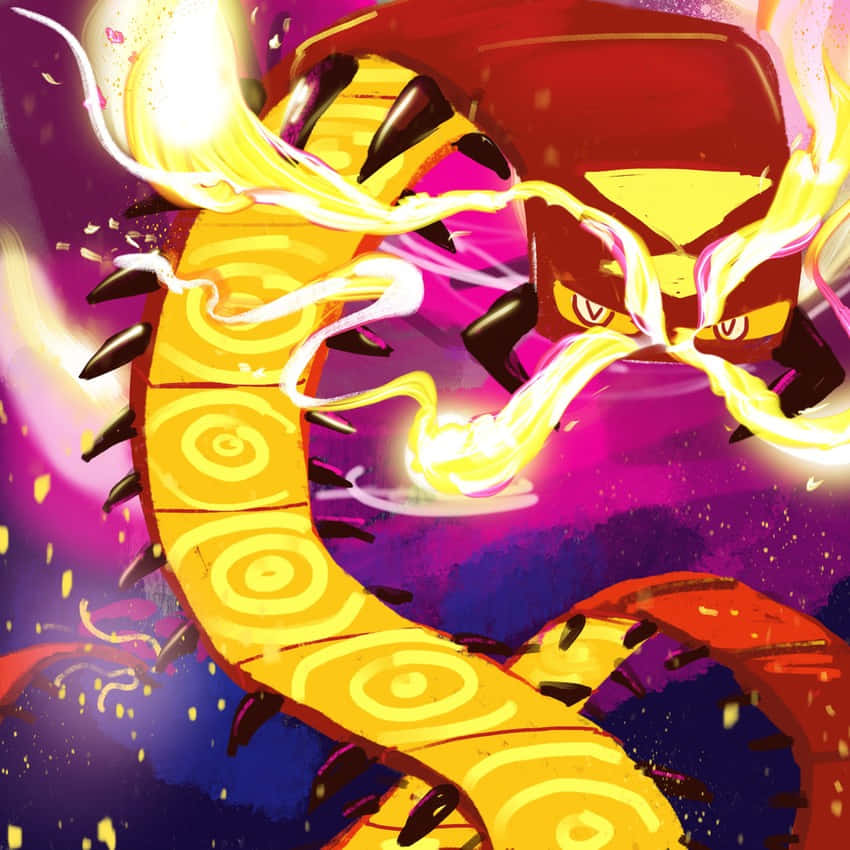 Centiskorch, galaxy-like background, fiery yellow dragon, SD Desktop Wallpaper