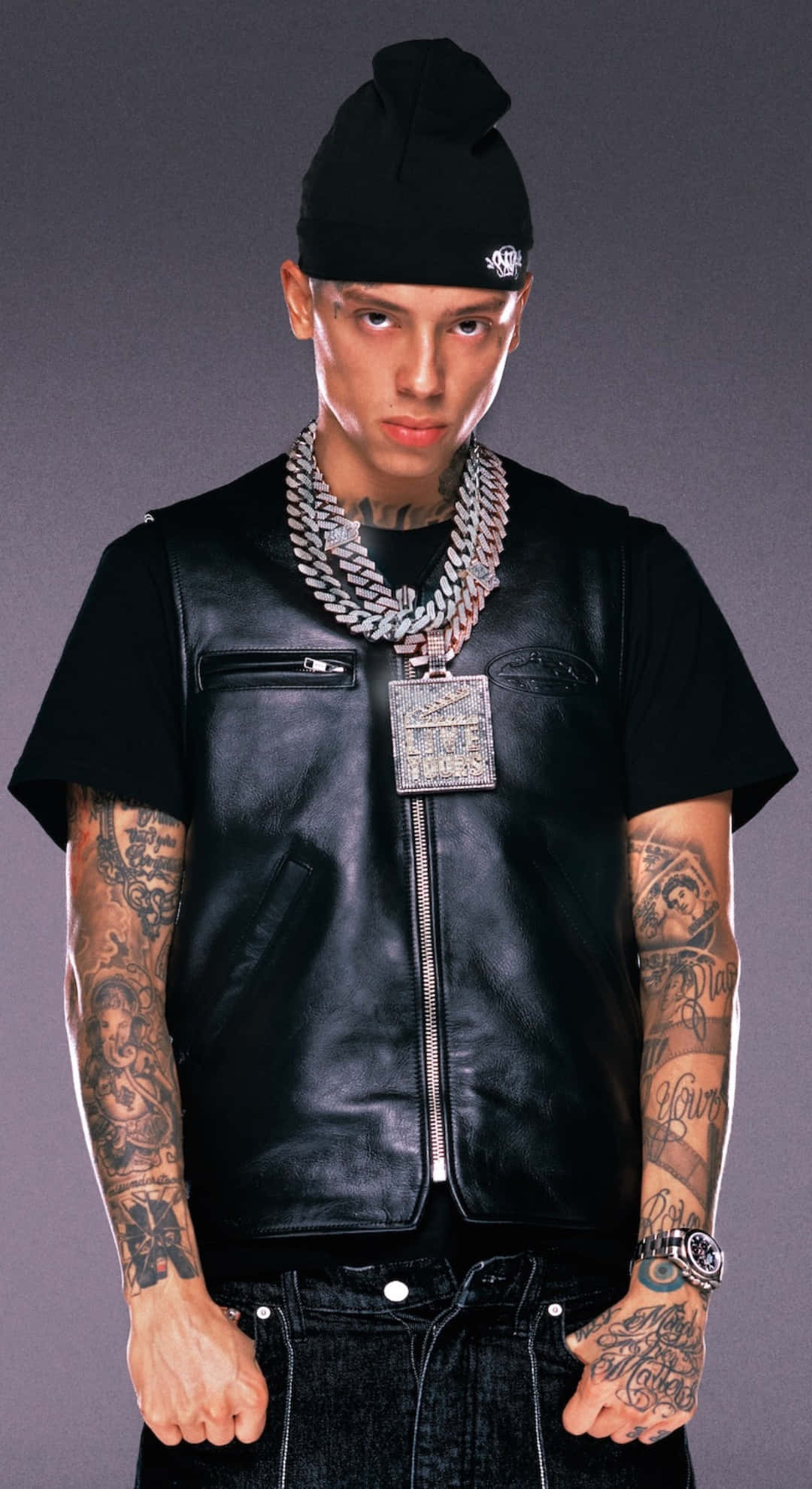 Central Cee, black leather vest, beanie, Full HD Phone Wallpaper