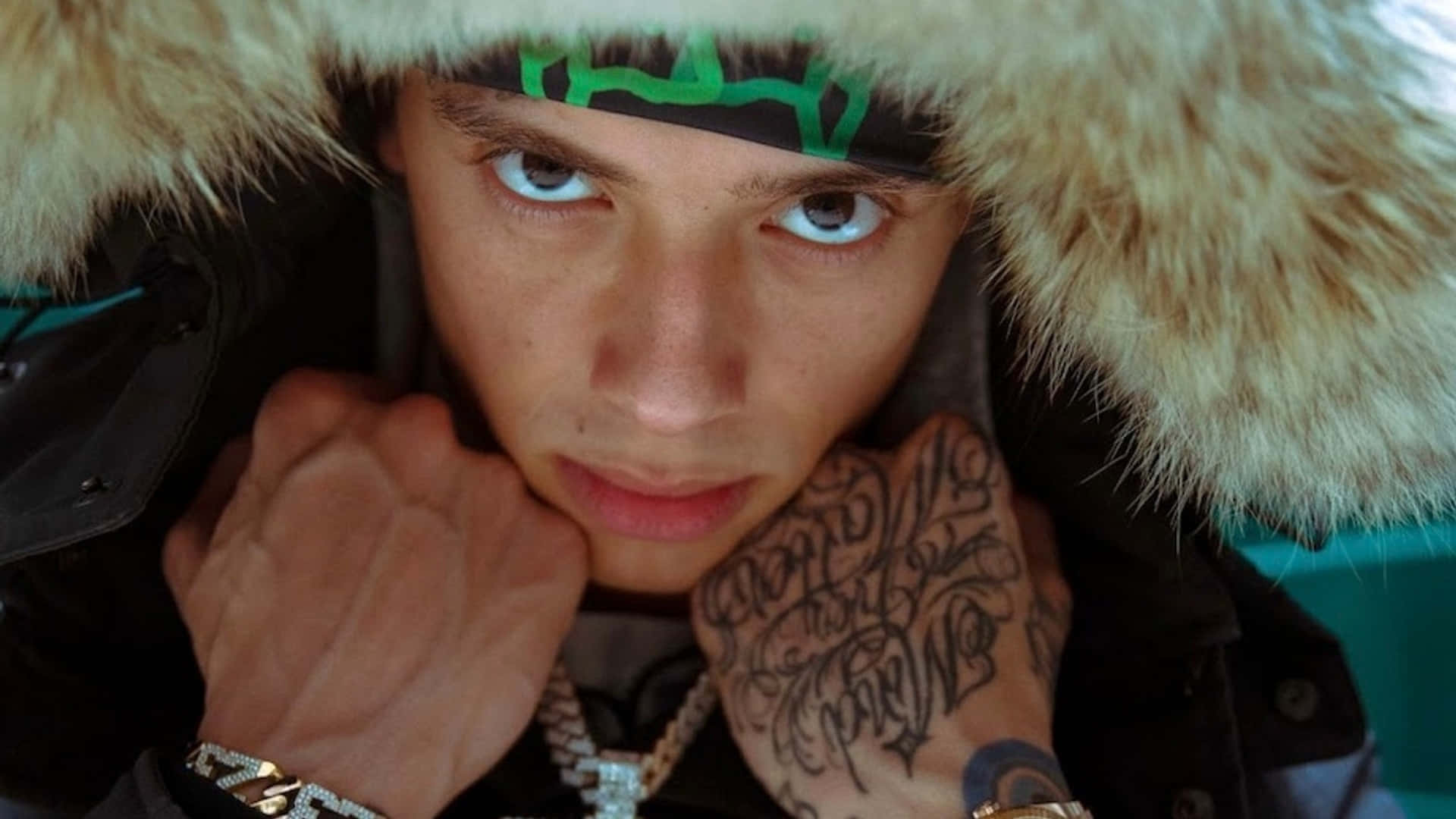Central Cee, fur-lined hood, green headband, Full HD Desktop Wallpaper