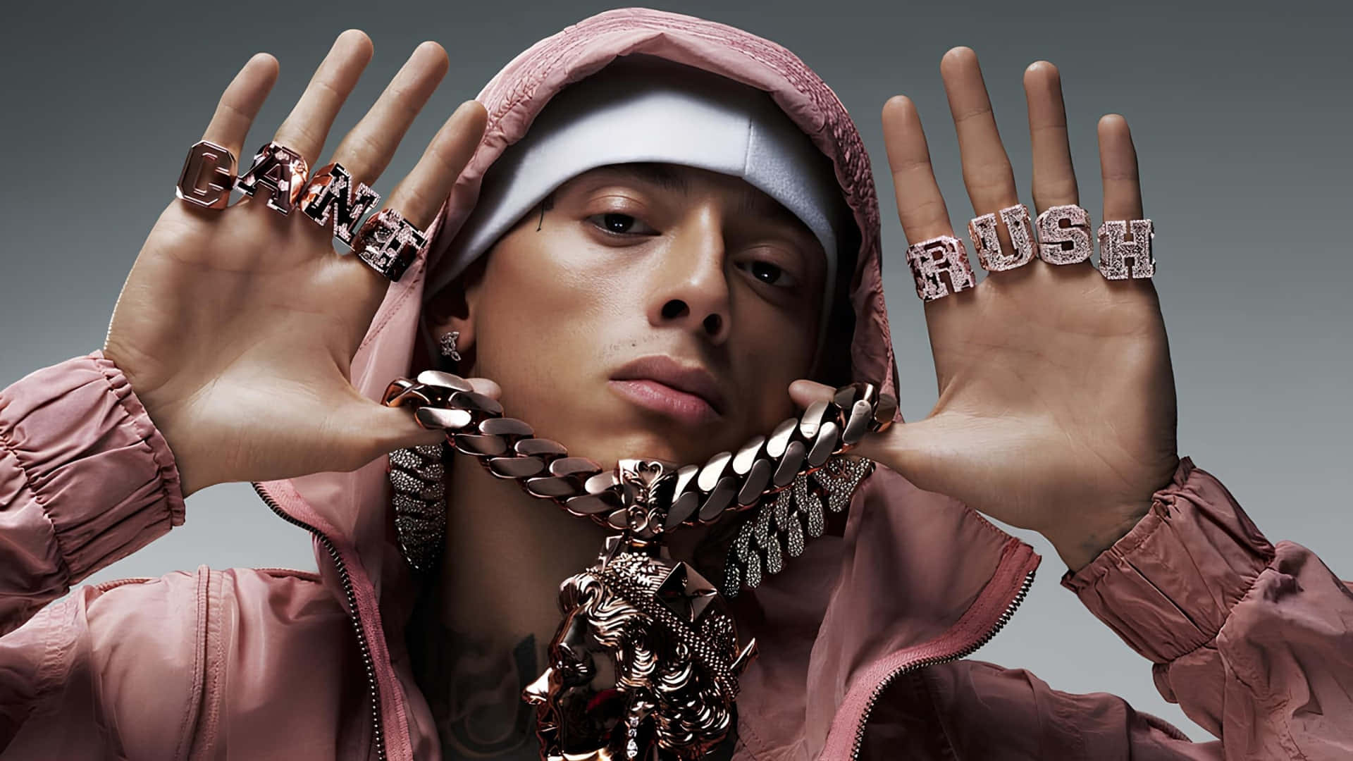 Central Cee, pink hoodie, rings spelling cant and rush, Full HD Desktop Wallpaper