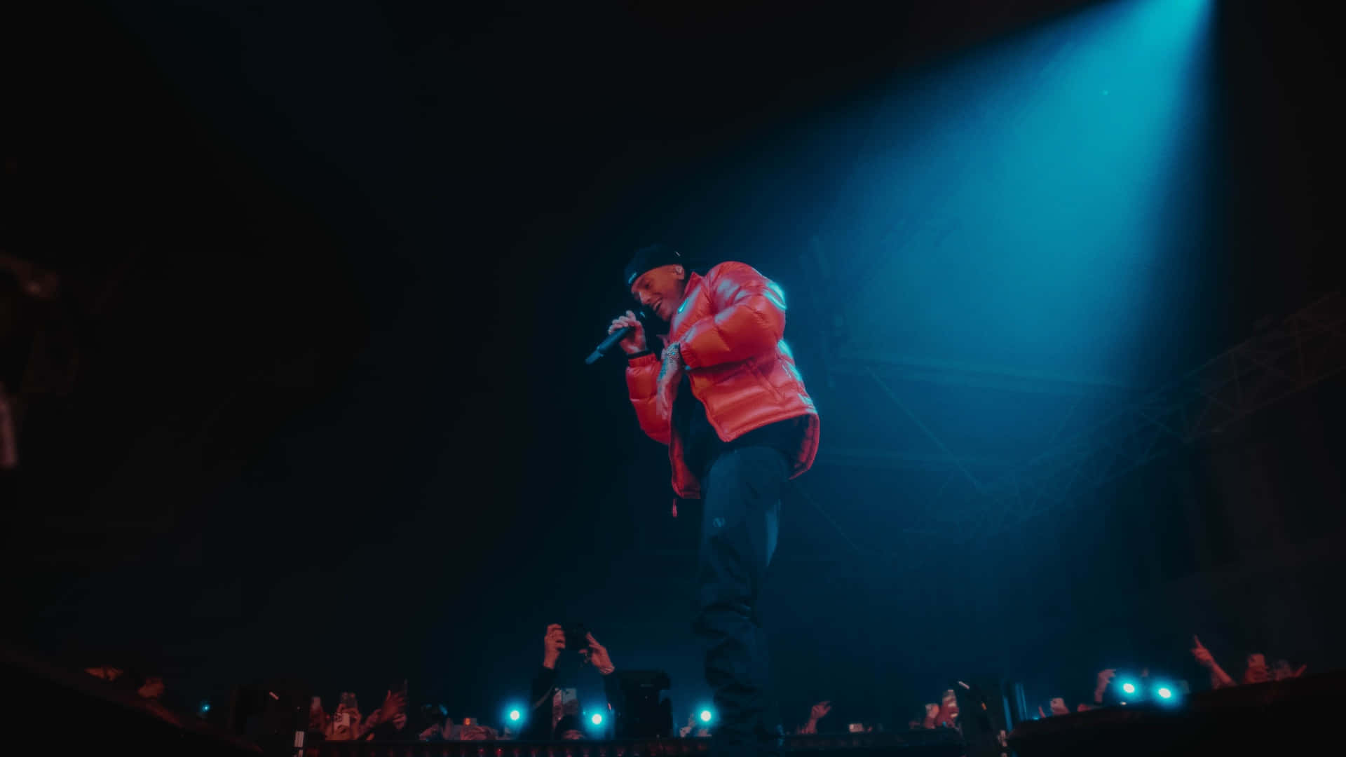 Central Cee, red jacket, blue spotlight, Full HD Desktop Wallpaper