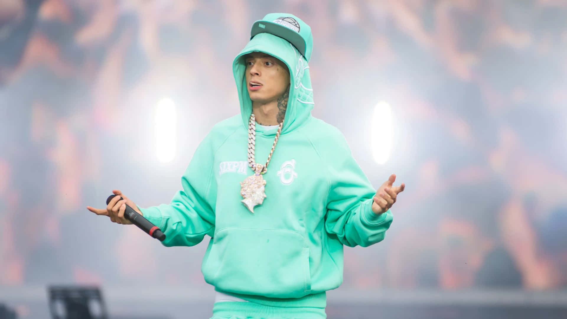 Central Cee, mint green hoodie, matching cap, Full HD Desktop Wallpaper
