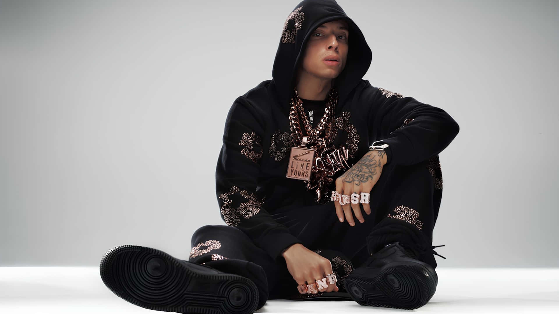 Central Cee, black hoodie, gold floral embroidery, Full HD Desktop Wallpaper
