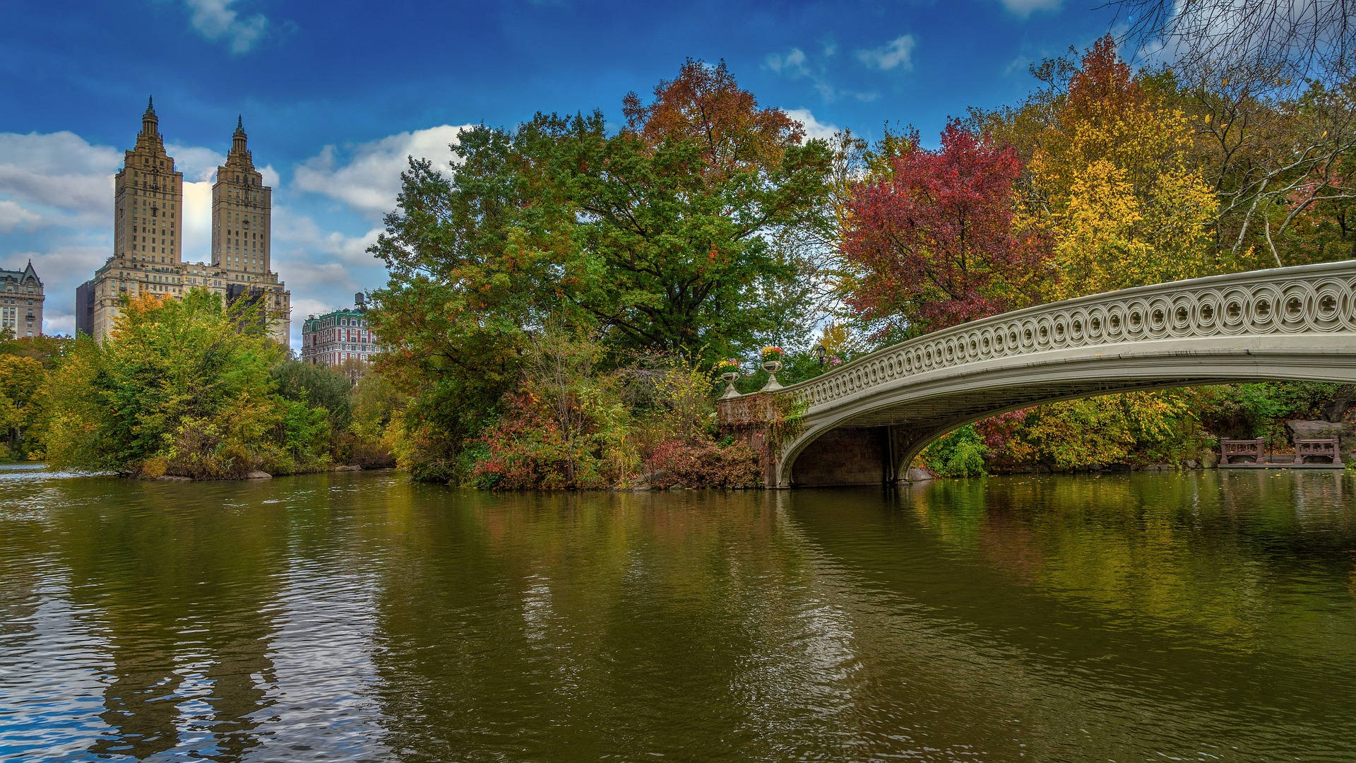 Central Park, stone bridge, calm pond, Full HD Desktop Wallpaper